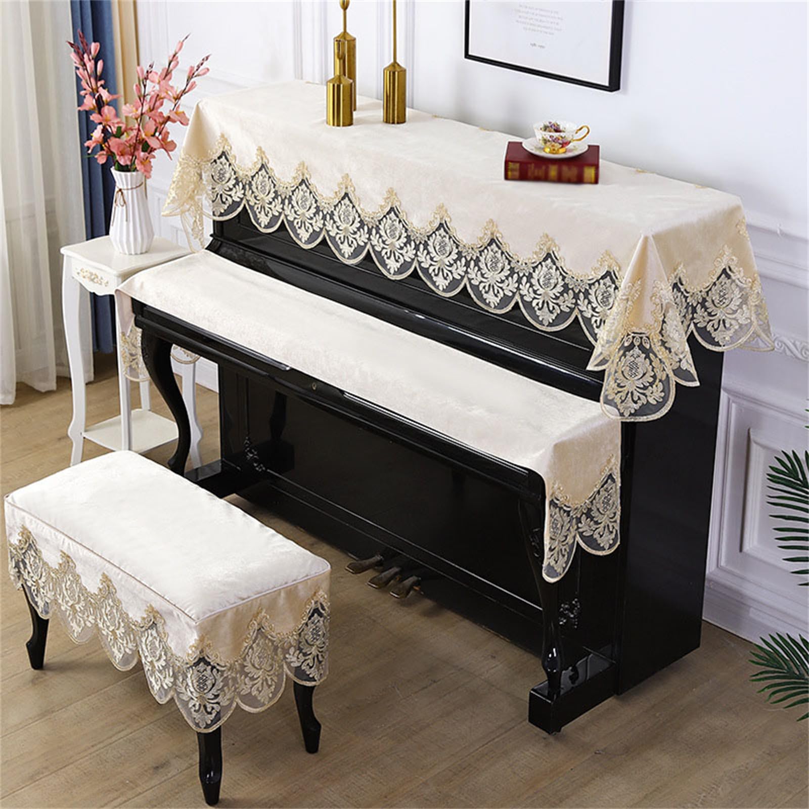 Three Piece Set Piano Cover Cloth With Stool Universal Upright Protective Lace Border Half Draped Dust For Dustproof/b/single Stoo (e Single Stool)
