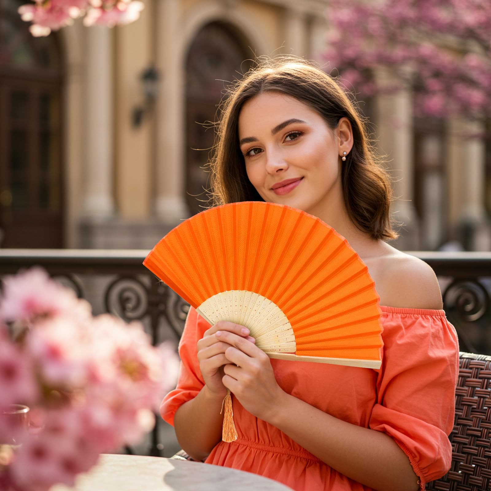 FANSOF.FANS Fabric Handheld Folding Hand Fan With a Tassel Grade A Bamboo Ribs for Women Girls Summer Party Event Favor Birthday Wedding Souvenir Gift (Orange)