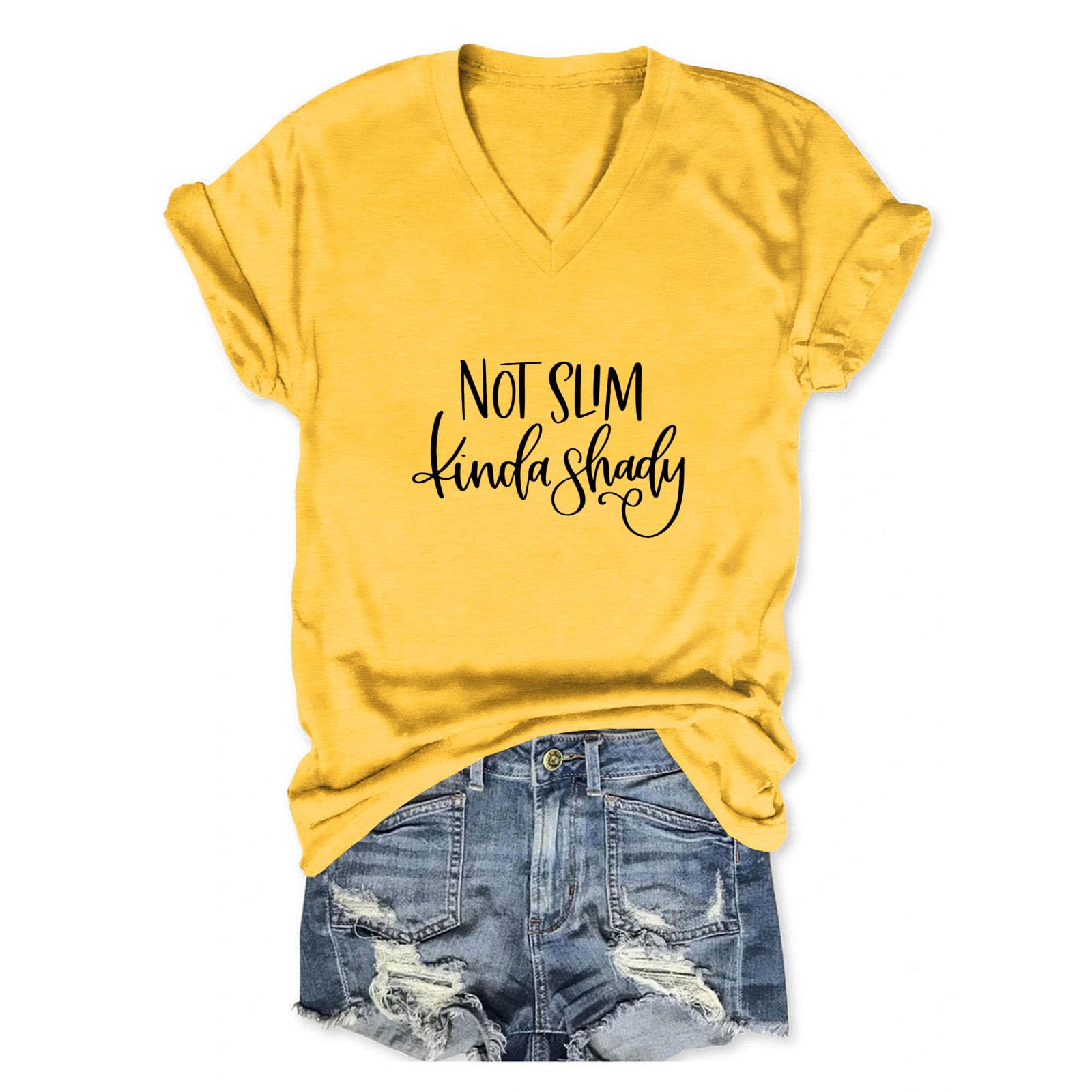 PUGIAF Funny V-Neck Shirt for Women, Not Slim Kinda Shady Shirt, Casual Cute Letter Print Short Sleeve Tops Blouse Yellow
