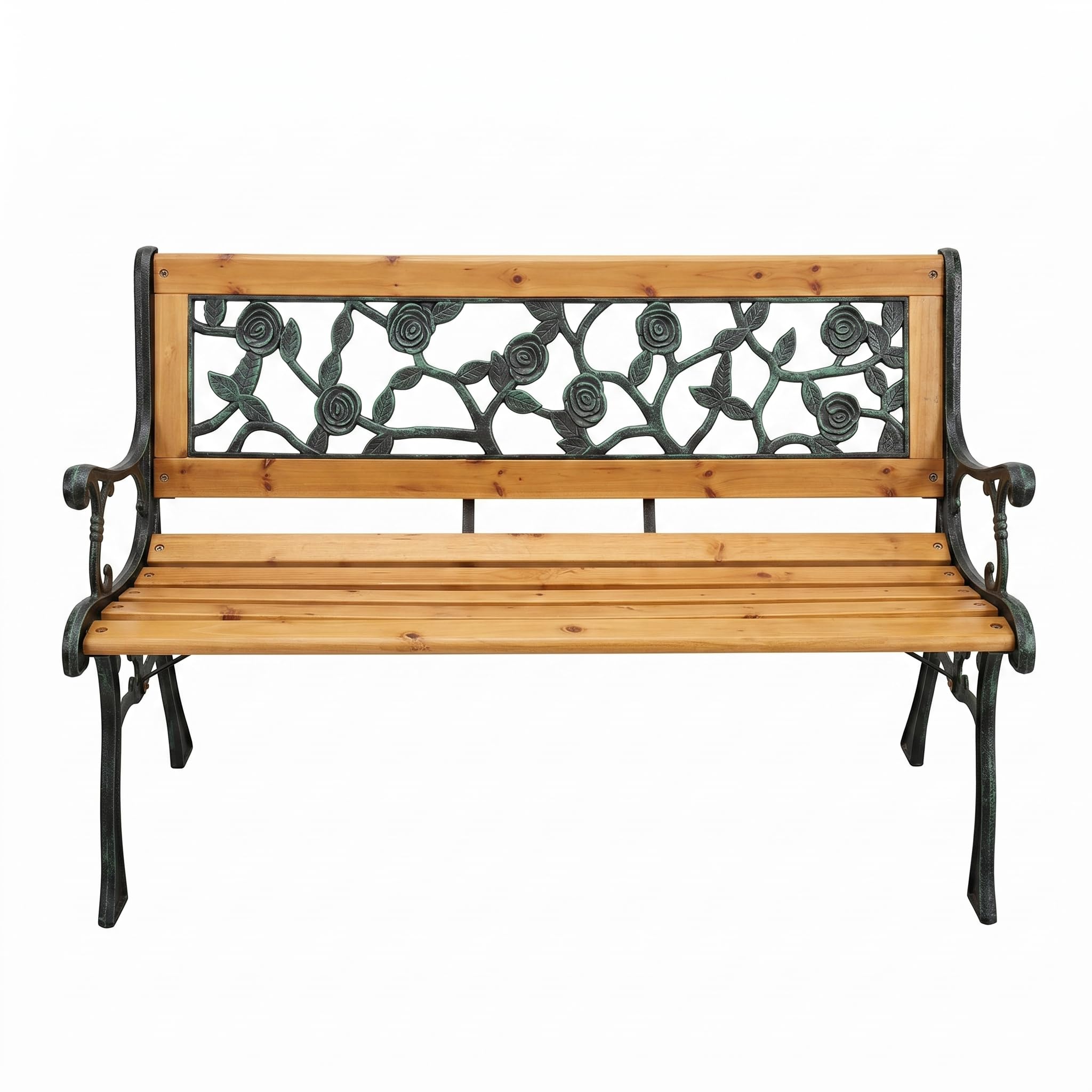 Banco de Jardín Exterior Madera Metal 2 Plazas Respaldo Floral Vintage Estructura Resistente