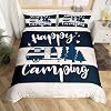 Happy Camping Duvet Cover Double Size 3 Pcs Retro Blue Red White Wooden Stripes Bedding Set for Kids Teens Adults Cartoon RV Trees Rustic Farmhouse Style Comforter Cover with 2 Pillowcases