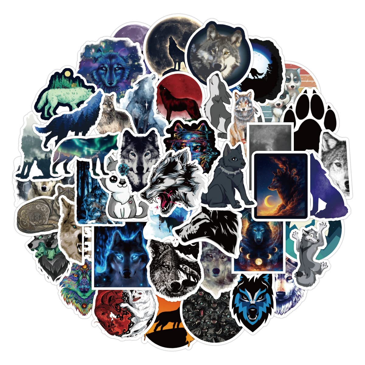 50Pcs Animal Wolf Stickers Laptop Car Scrapbook Phone Skateboard Bike Travel Case Sky Wolf Stickers Vinyl Waterproof Aesthetic Personalised Stickers for Teens Boys Girls Adults