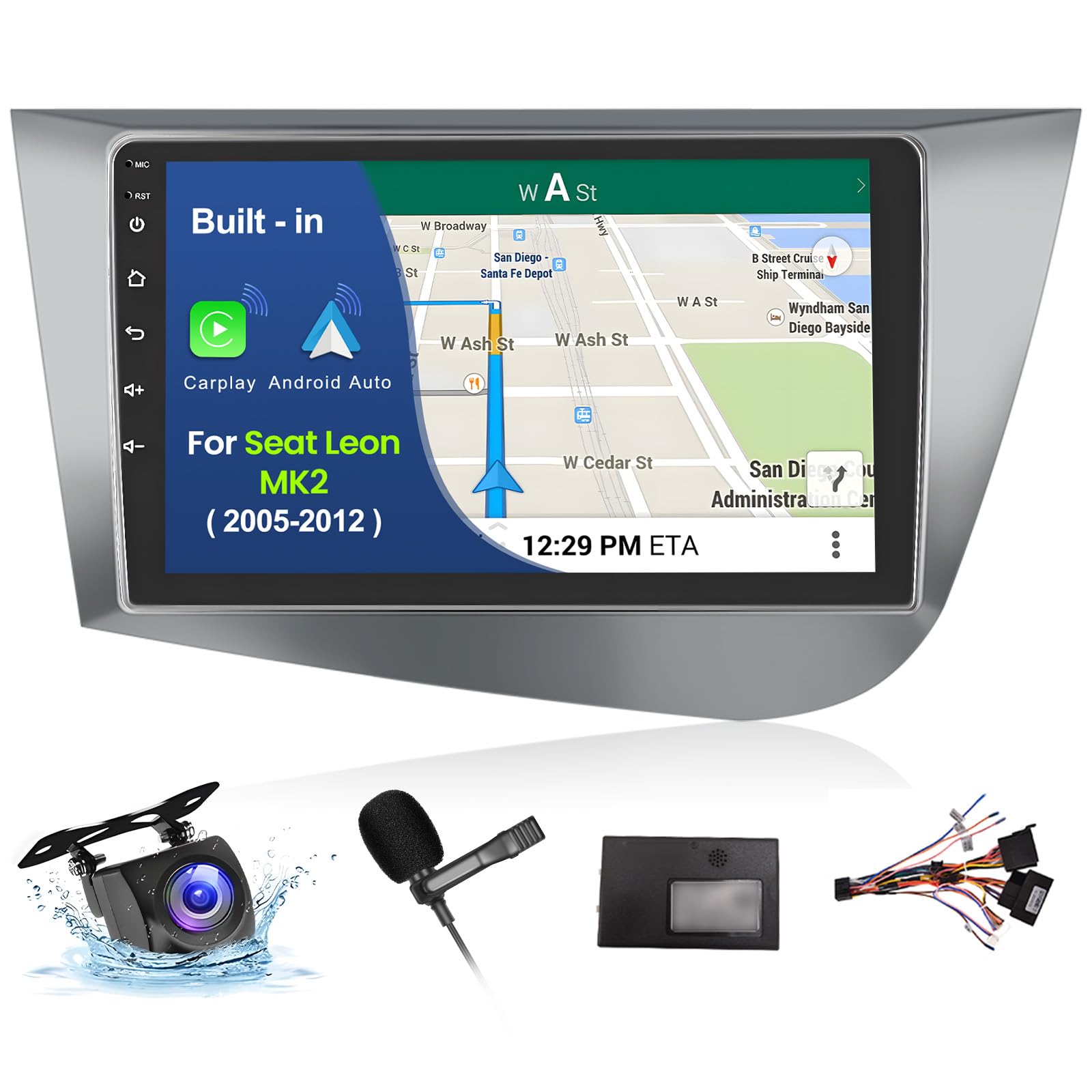 Inefala 2G+64G Android 15 Radio Coche para Seat Leon MK2 2005-2012 con Wireless Carplay Android Auto, 9" Pantalla Autoradio 2 DIN con GPS/WiFi/Bluetooth/RDS/FM/SWC Mic Cámara Visión Trasera
