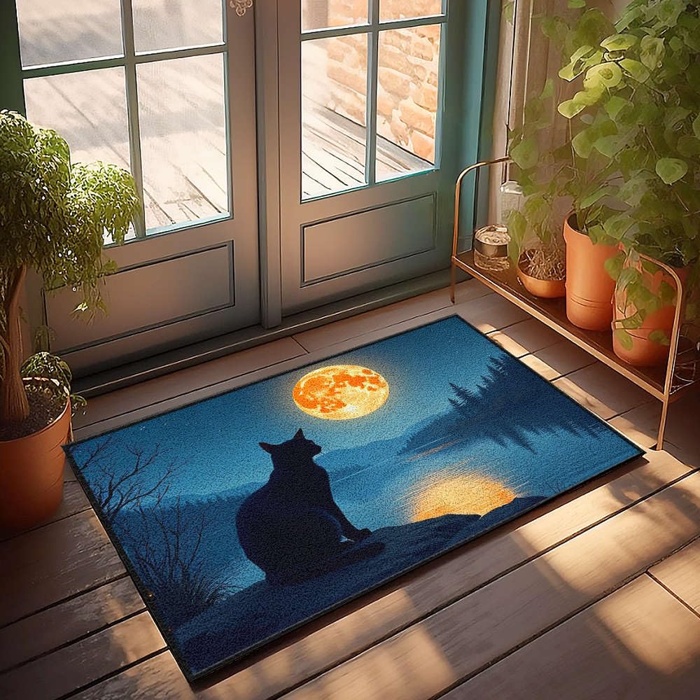 Paillasson extérieur chat noir grand format anti-salissure lune 65x90