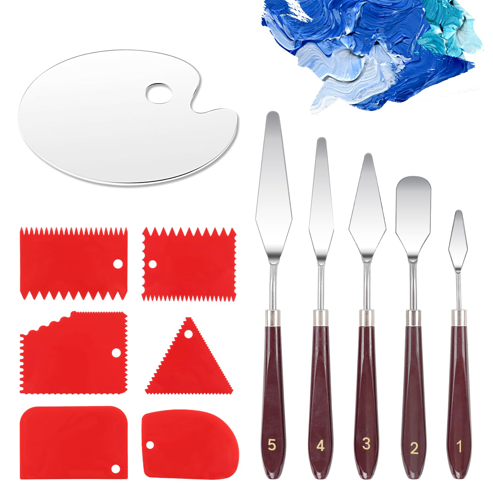 WEDAMOO 12 Pcs Oil Painting Spatula Set, Steel Palette Spatula, Plastic Scraper, Acrylic Paint Palette, Art Creating Practical Painting Accessories for Beginner