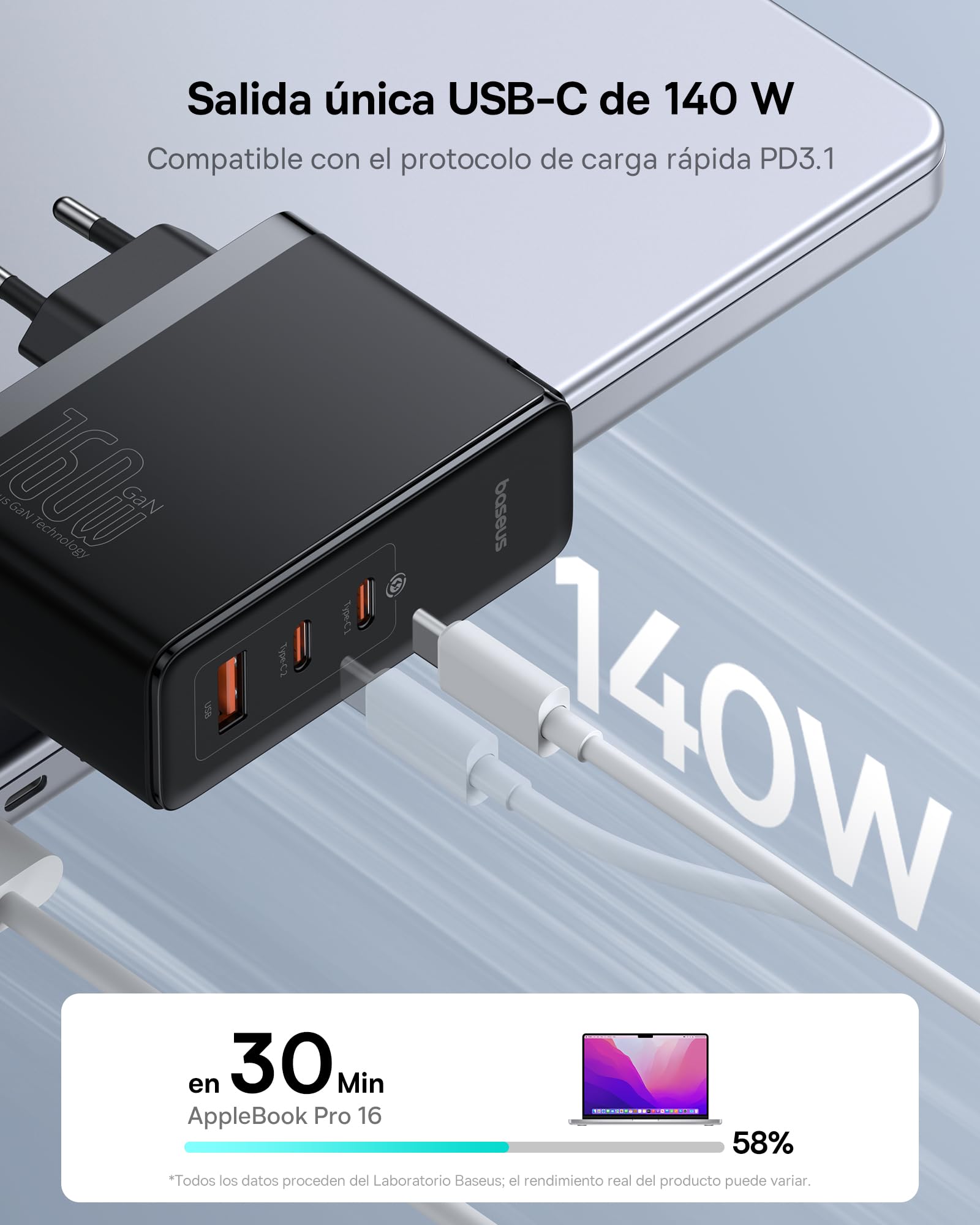Baseus Cargador USB C Rápido 160W 3 Puertos, Tipo C PD 3.1 PPS GAN Carga Rápida Compatible Con MacBook Pro/Air, Samsung Galaxy S24 Ultra, iPhone 15/14/13, iPad Pro/Air, Laptop
