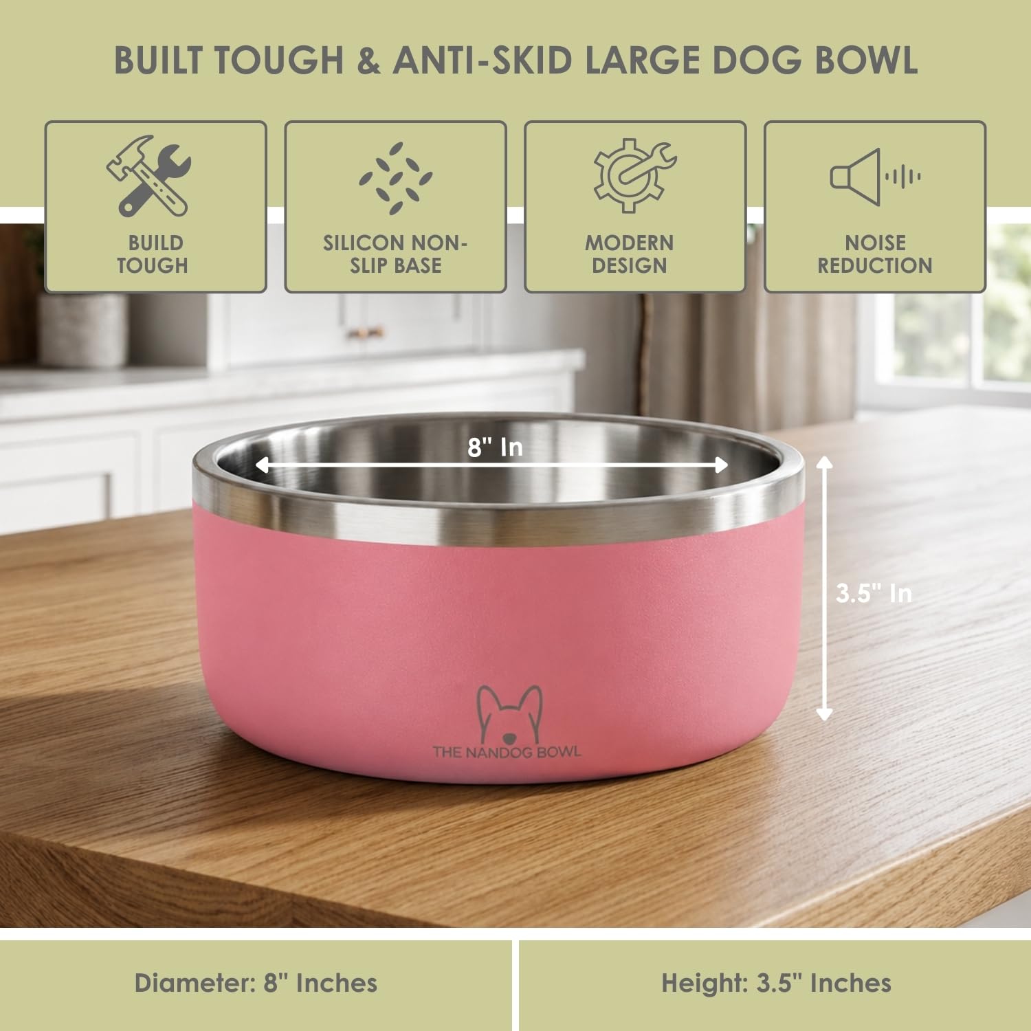 NANDOG Hundenapf für Futter und Wasser mit rutschfester Gummiunterseite, metallisolierte Edelstahl-Hundenäpfe, doppelwandig, langlebig und spülmaschinenfest, für alle Hunde (Rosa, groß)