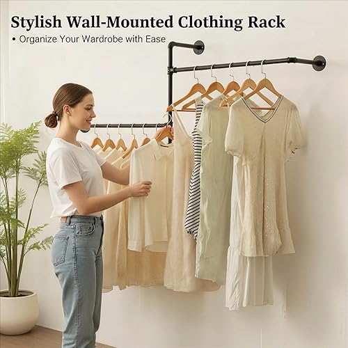 Miniatura 2 de Perchero industrial para ropa de pared con rieles de ropa de tubería, barras multiusos para colgar ropa resistente, ahorro de espacio, organizador