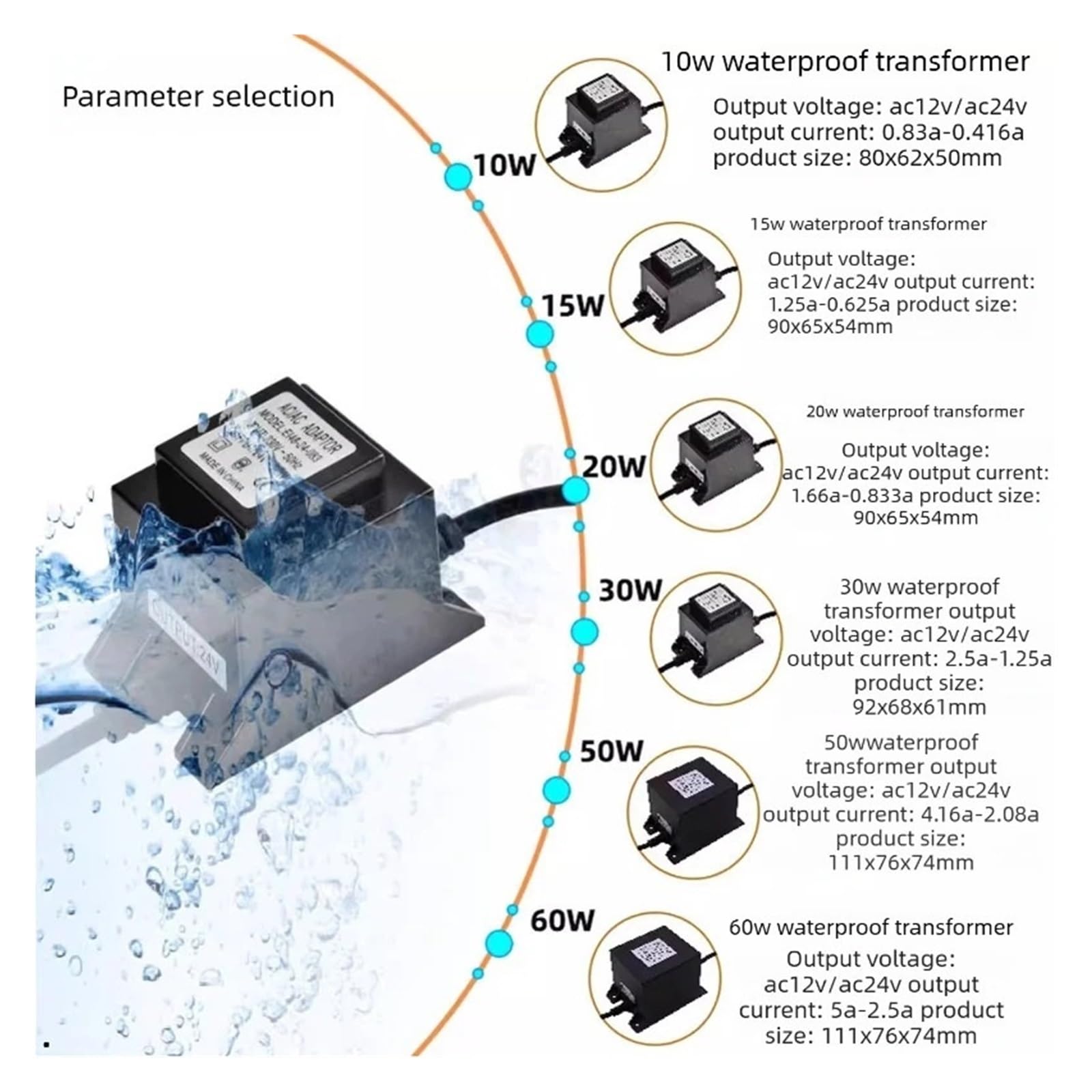 wasserdichter unterwasser transformator Wasserdichter AC12V/24V-Transformator for den Außenbereich; AC220V auf 2/24V Unterwasserlichtadapter; Schwimmbad-LED; 30W 60W