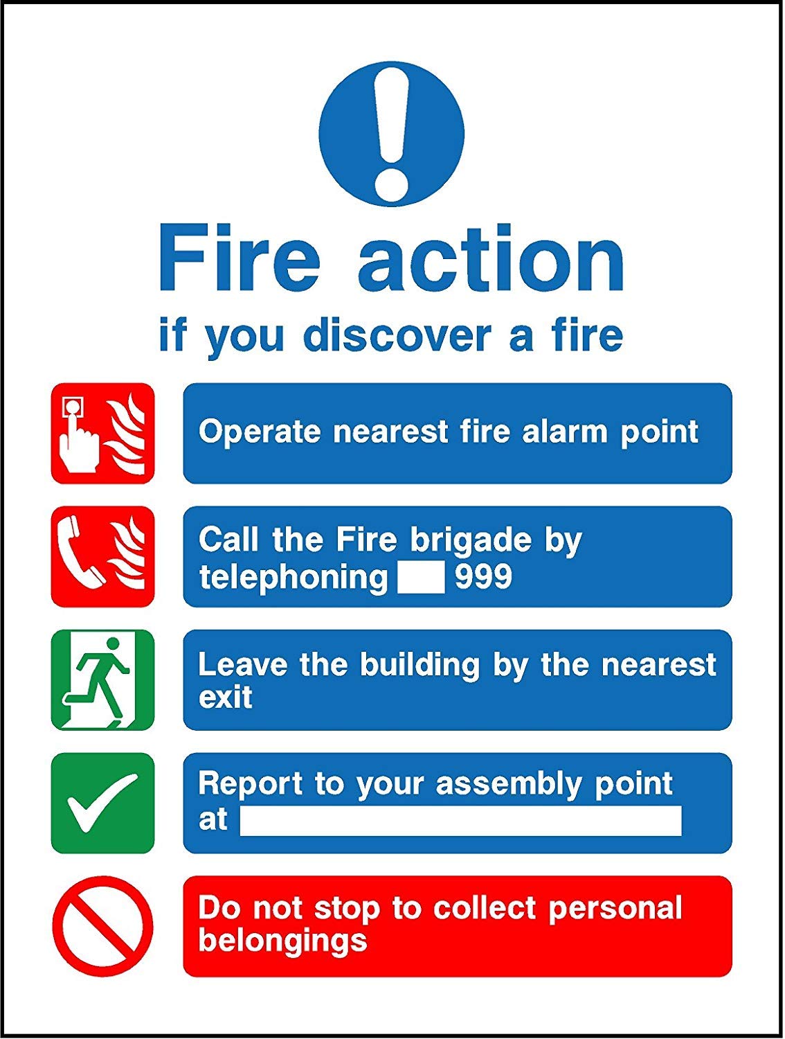 Fire Action Plan if you discover a fire - Report to your assembly point safety sign - Self adhesive sticker 200mm x 150mm