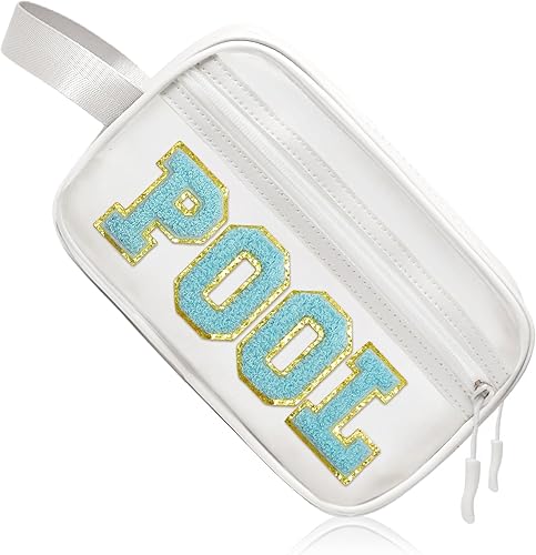 Miniatura 13 de COSHASYOO - Bolsas de maquillaje transparentes con correa de chenilla con parche de letras para cosméticos, bolsa pequeña y bonita para artículos