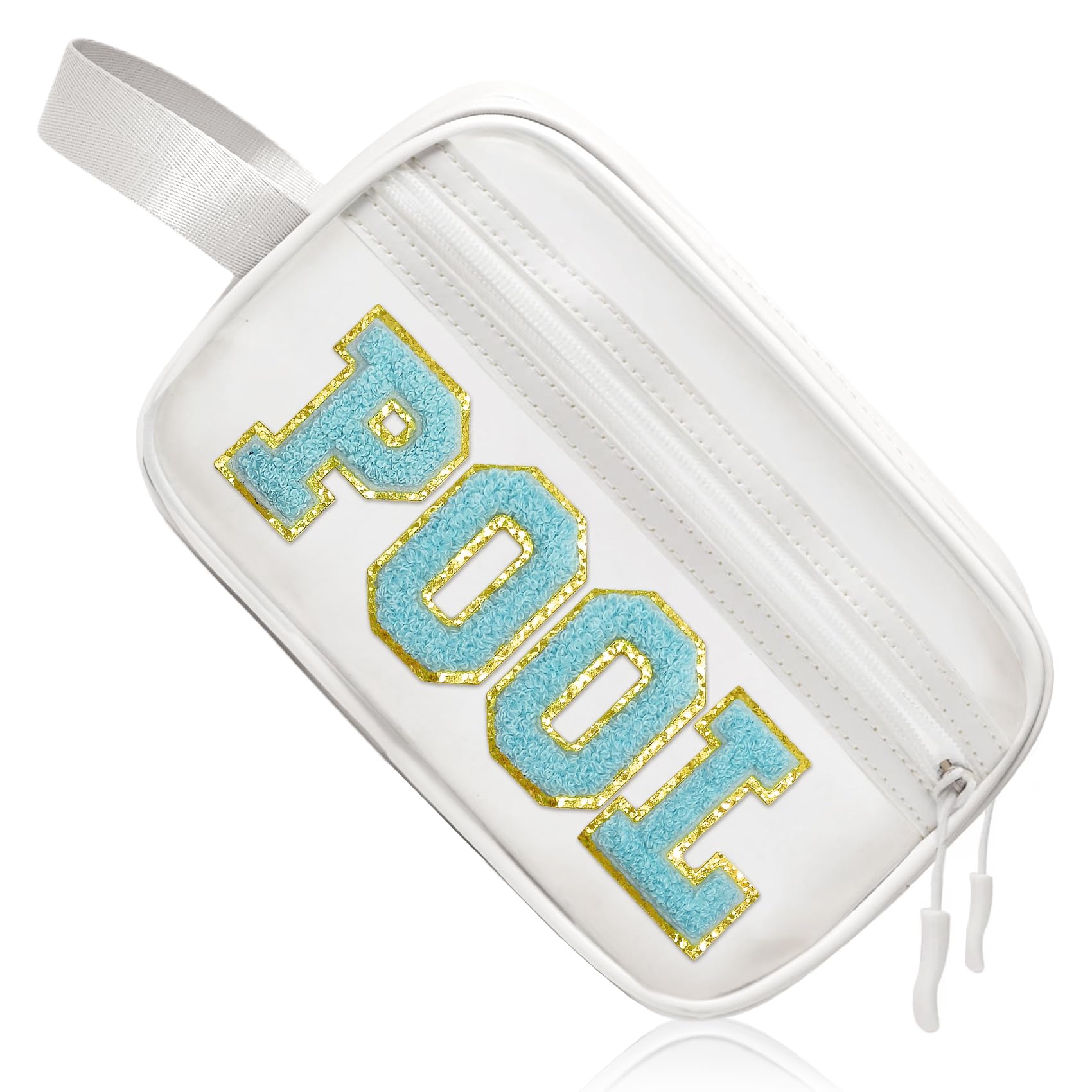 COSHAYSOO Clear POOL Makeup Bag Small Travel Pouch for Women Teenager Girls Pool Accessories Stuff Organizer Preppy Chenille Letter Patch Summer Girly