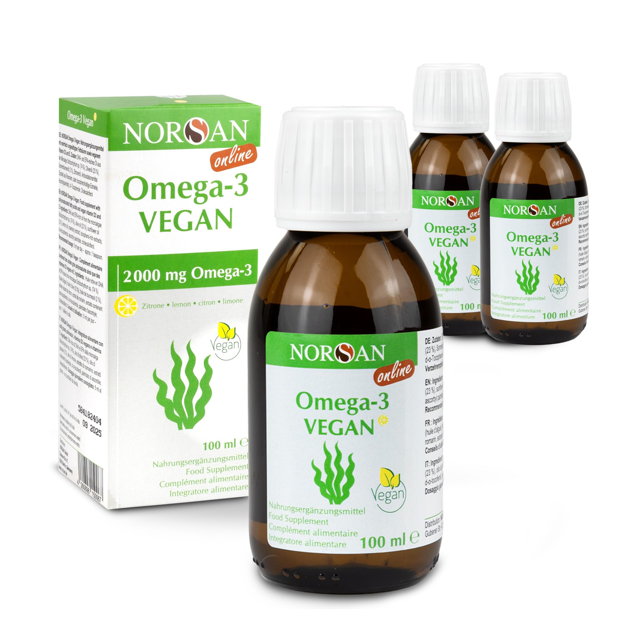 NORSAN Premium Omega-3 Vegan Öl hochdosiert 3 x 100ml - 2000 mg Omega-3 Tagesdosierung-Algenöl reich an EPA & DHA - 800 IE Vitamin D3