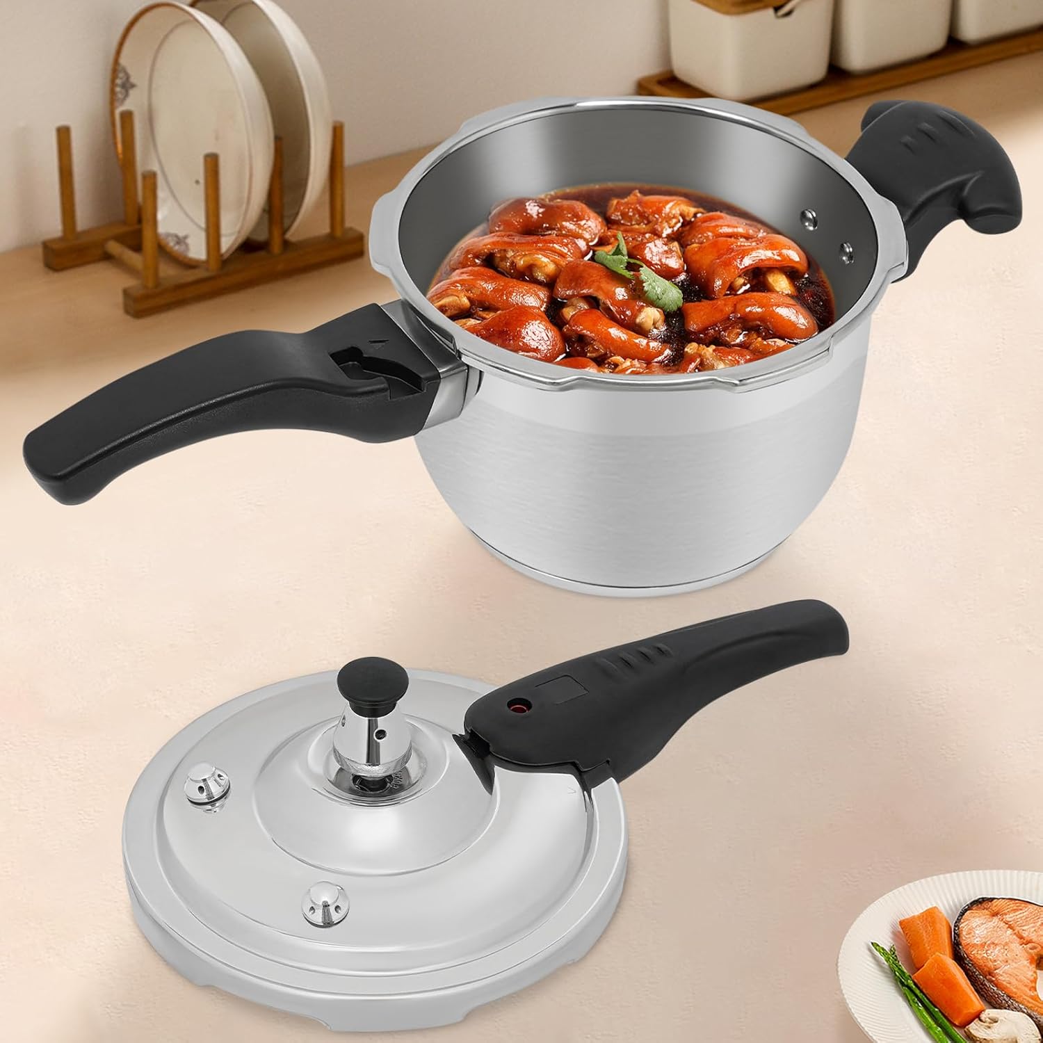 Stainless Steel Pressure Cooker 80Kpa Pressure Caner with Release Valve Sandwich Bottom, Automatic Safety Lock, Over Pressure Alarm for Home restaurant,Silver (2L/16cm)