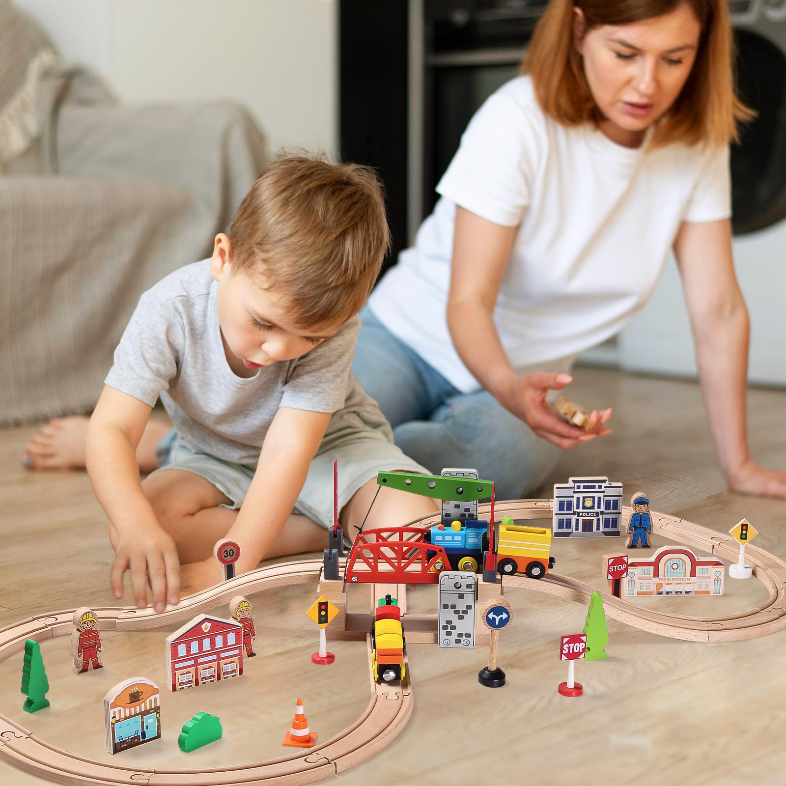 SainSmart Jr. Bewegliche Hebebrücke mit Gleis – Eisenbahnzubehör Holzeisenbahn, kompatibel mit Brio, Thomas, Chuggington & Melissa & Doug, für Kinder ab 3 Jahren