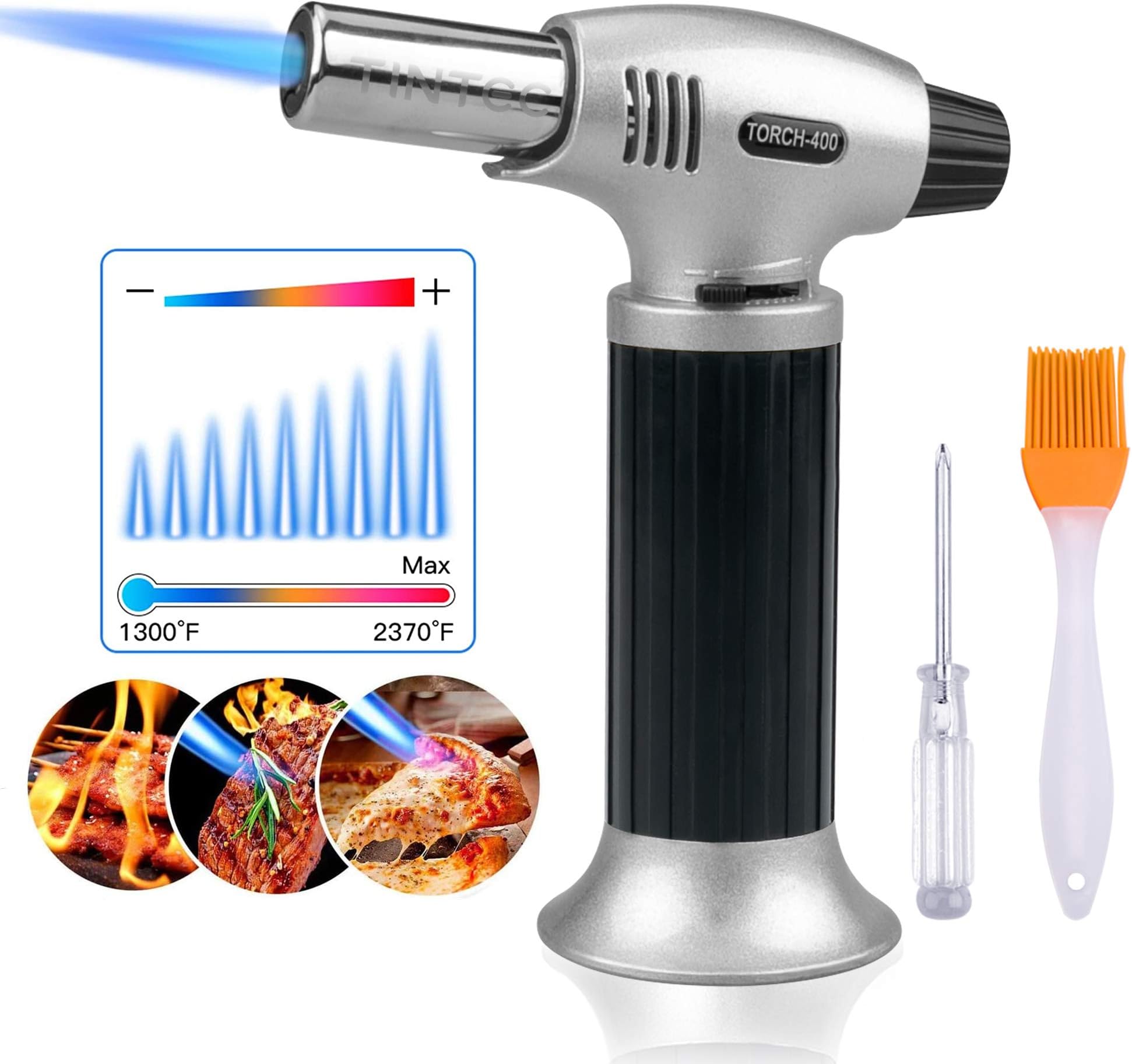 Culinary Blow Torch, Inpher Chef Cooking Torch Lighter, Butane Refillable, Flame Adjustable (MAX 2500°F) with Safety Lock for Cooking, BBQ, Baking, Brulee, Creme, DIY Soldering & more