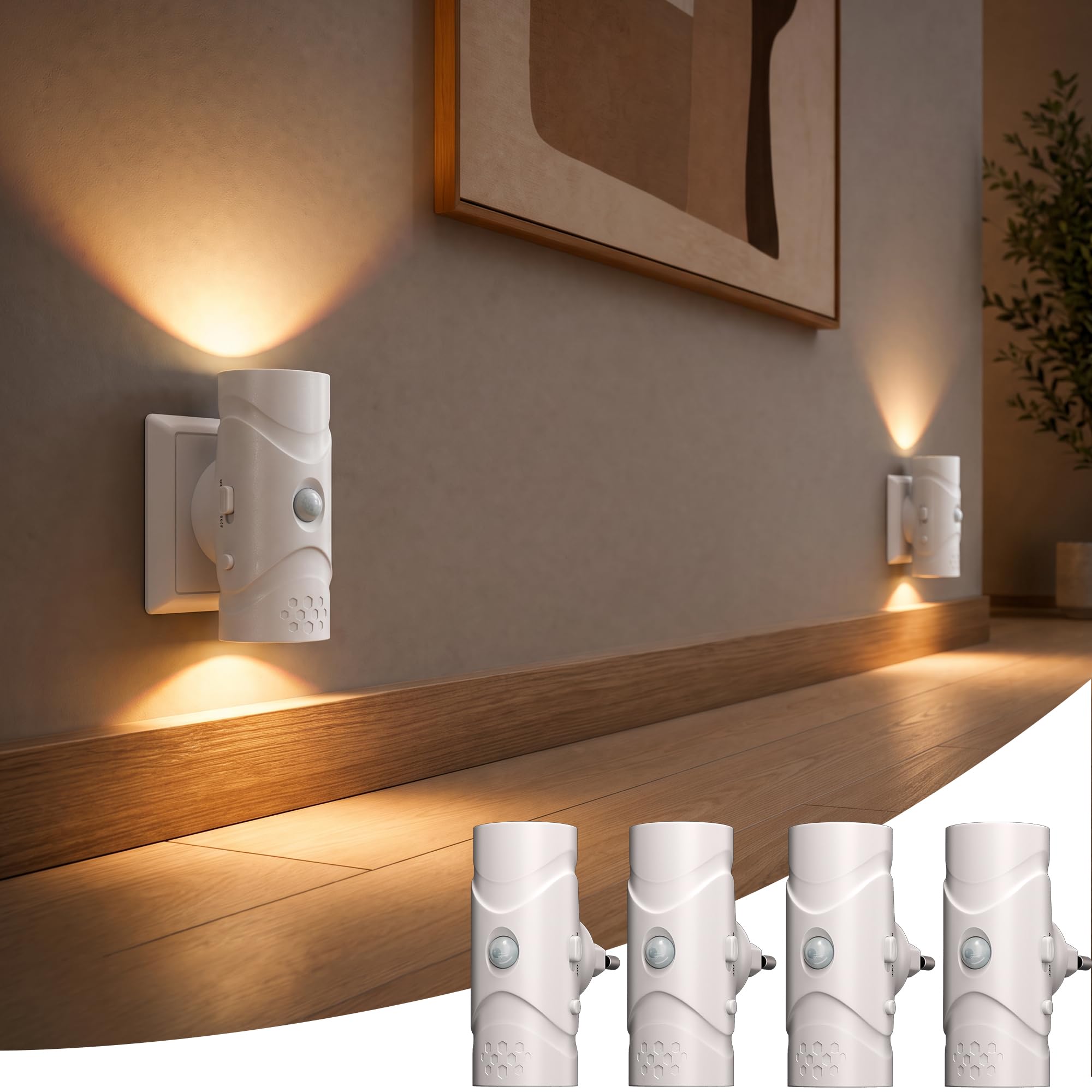 Luz Nocturna LED de Enchufe con Sensor de Movimiento, Lampara Noche Niños 40LM Regulable Continua, Doble Iluminación Arriba Abajo 3 Modos, 3000K Blanco Cálido para Pasillo Escaleras (4)