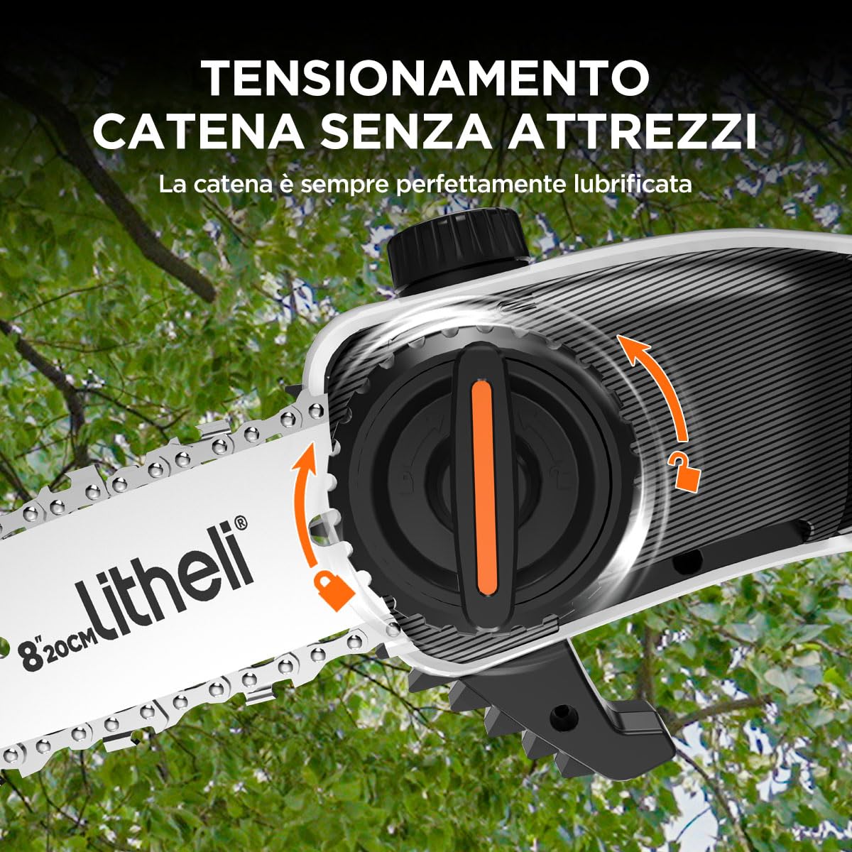 Litheli Pulsante Alto a Batteria U20 - Sega Elettrica da 8 Pollici, Trimmer Con Velocità di Taglio 8 m e Batteria 10000 mAh per Tagliare Rami, Potare