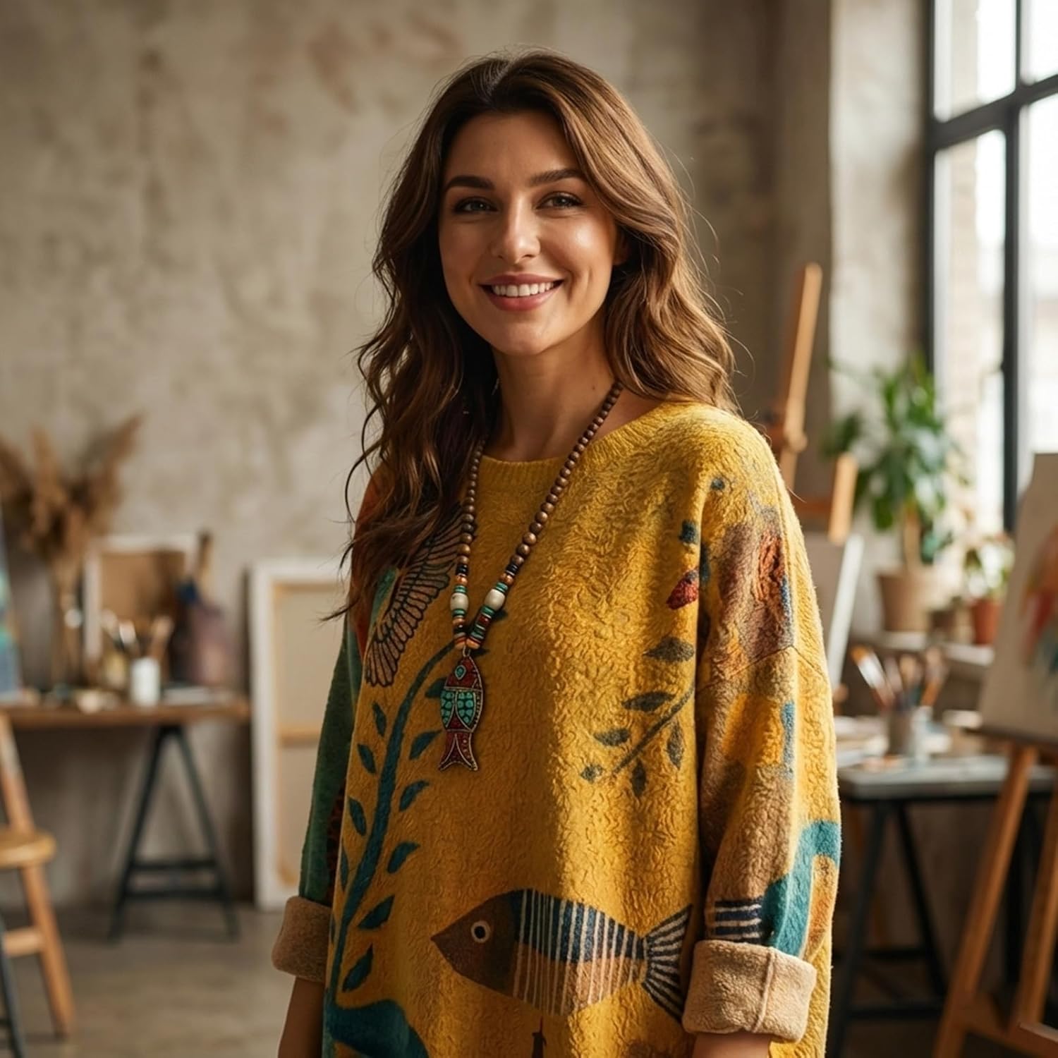 Women's Boho Christmas Sweater, Oversized Long Sleeve Graphic Knit Pullover, Loose Fit Casual Top with Drop Shoulder - Image 3