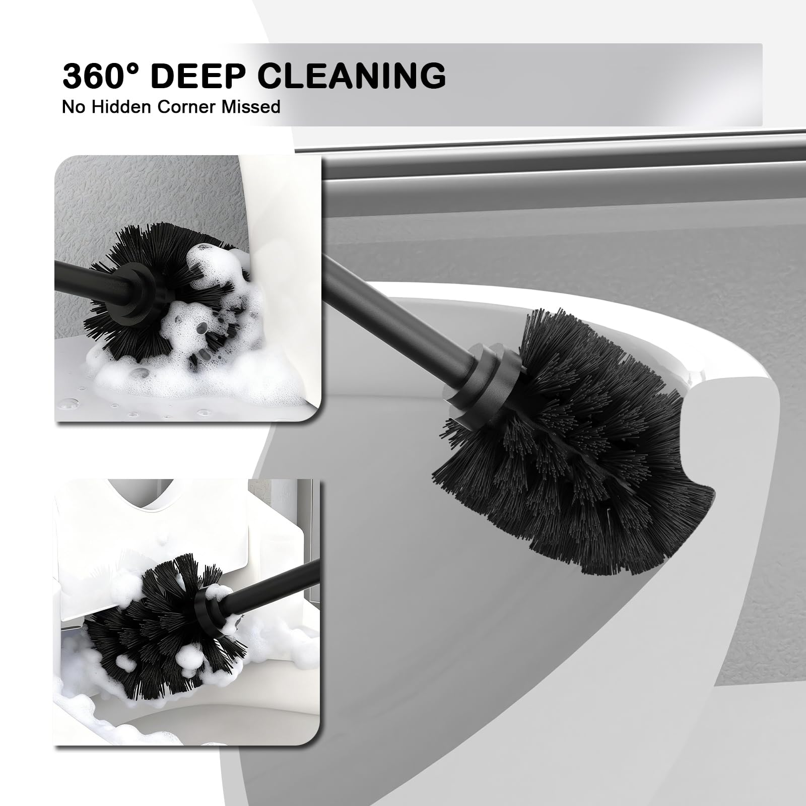 Escobilla y soporte de acero inoxidable 304 de alta calidad: base estable con peso, tubo interior extraíble, diseño a prueba de salpicaduras para una limpieza profunda de 360° y almacenamiento que