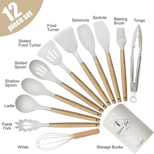 Miniatura 4 de Juego de 12 utensilios de cocina, utensilios de cocina de silicona con mango de madera antideslizante y cubo organizador, juego de utensilios de