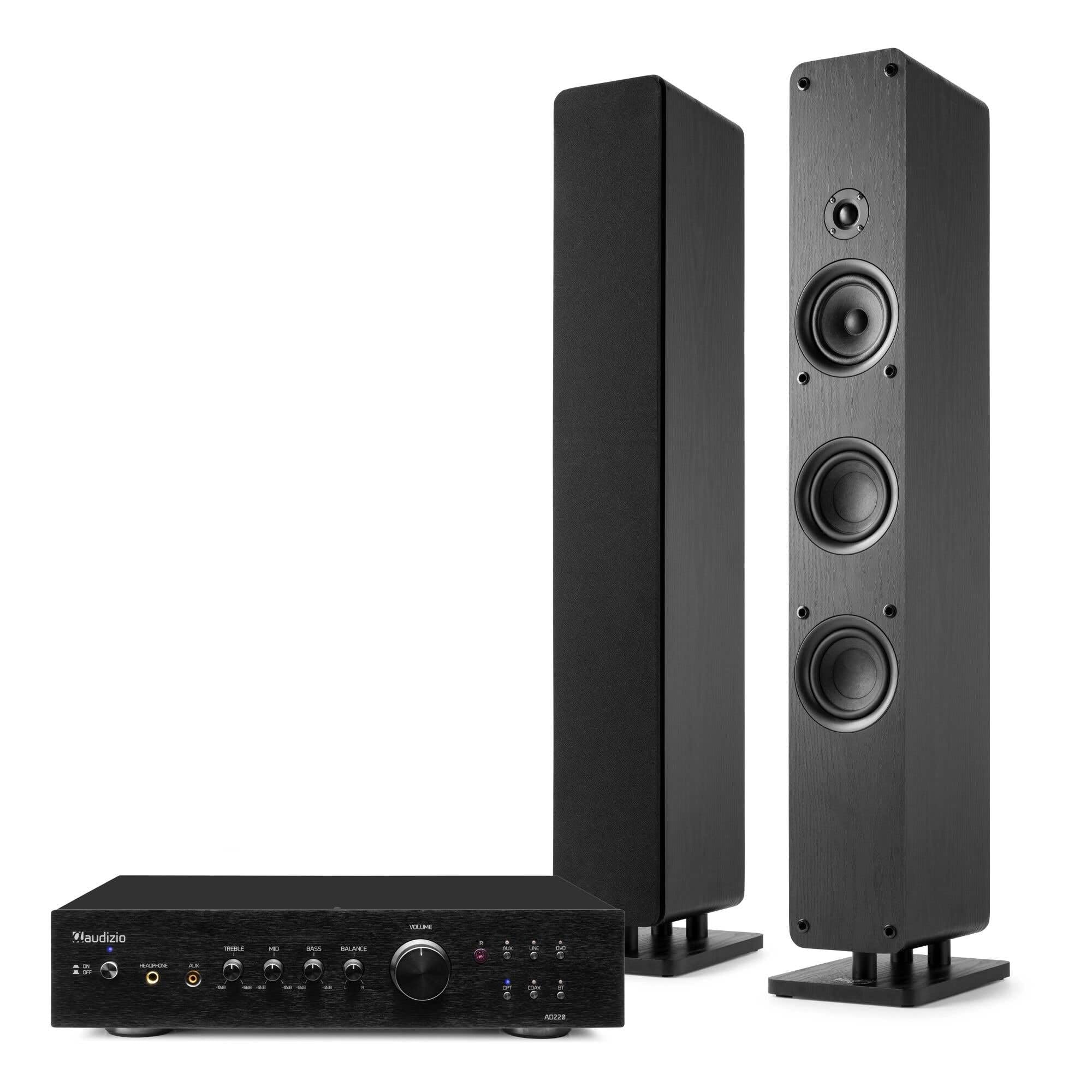 Audizio ARCO Tours de Son Hi-FI Stéréo 320W avec Amplificateur - Paire d’Enceintes Colonnes Noires, BT, USB et Optique - Installation Hi-FI Complète pour Salon, TV et Musique