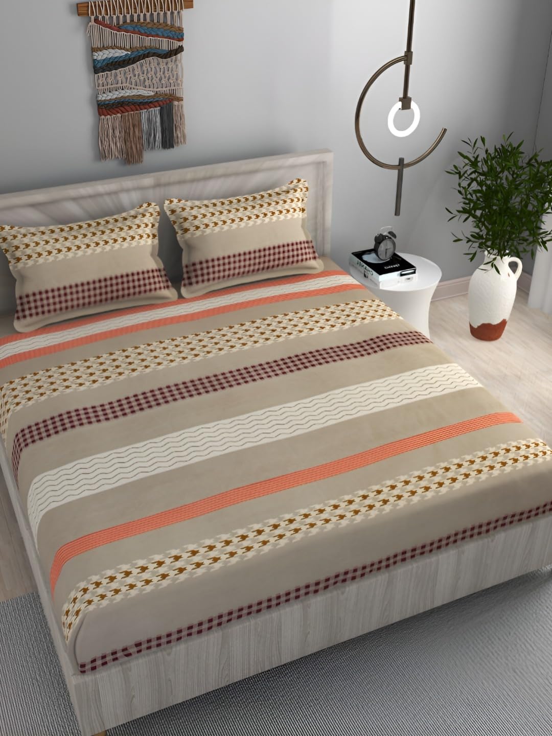 DECOMIZER 300 TC Cotton Feel All Around Elastic Fitted Glace Printed King Size Double Bed Bedsheet with 2 Pillow Covers Fits Upto Mattress of 8 Inches,Size - 72 x 78 x 10 Inches,Design - Grey Stripes