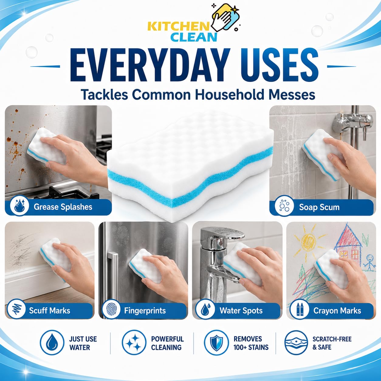Kitchen Clean 4X Stronger Magic Eraser Sponge Pack of 2 | Melamine Multipurpose Cleaning Sponge for Wall Stains, Switch Boards, Taps, Glass, Dashboard, Shoes & Sneakers 1