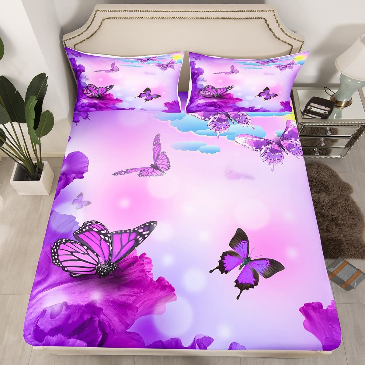 Purple Butterfly Fitted Sheet Set Twin 