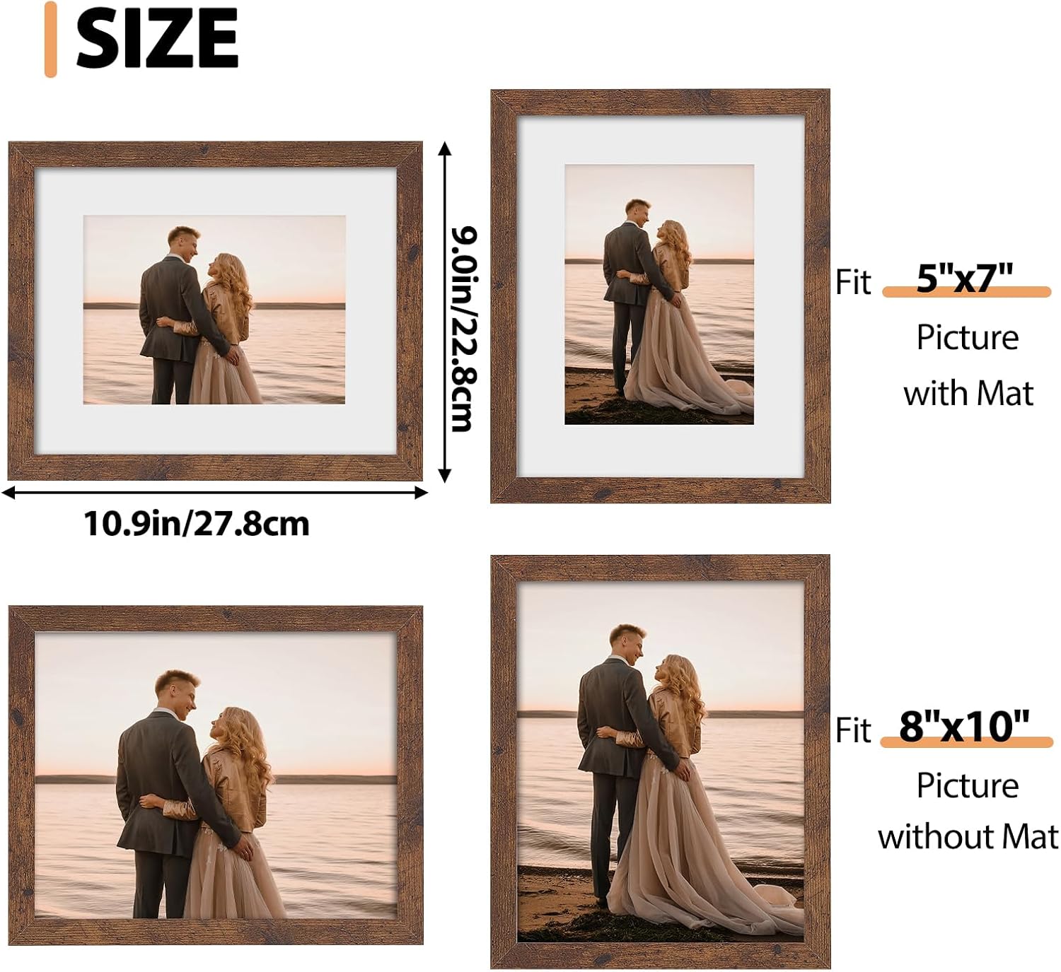 Fixwal 8x10 Picture Frame Set of 5, Vintage Multicolour Photo Frames with Tempered Glass, Decorative Art for Wall Hanging and Tabletop Placement, Display 5x7 with Mat or 8x10 Without Mat