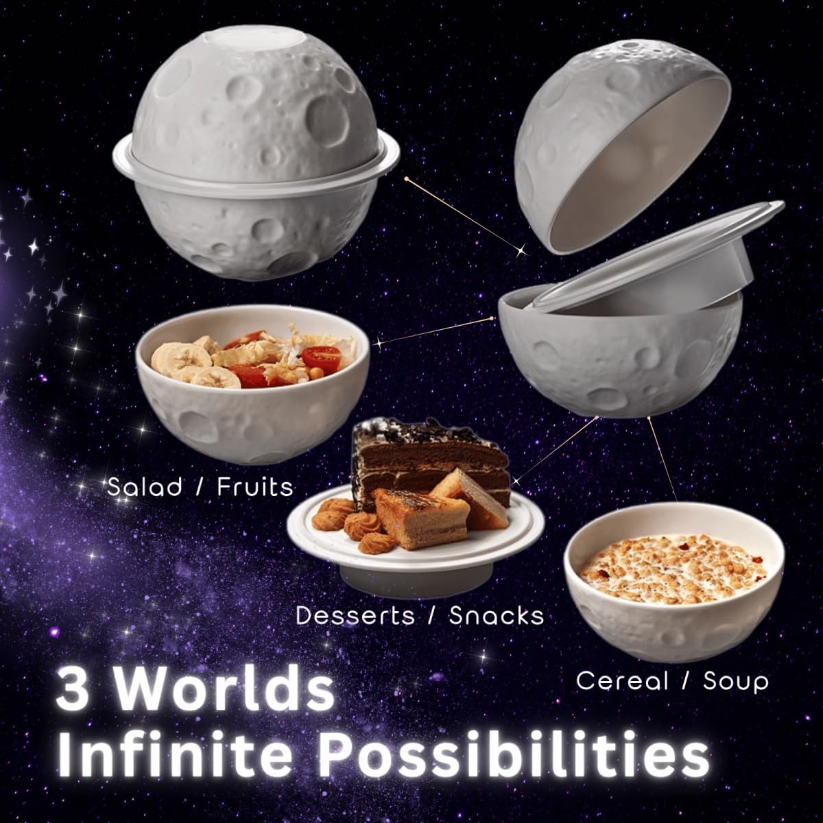 Planet Bowl Set Stackable - 3-Piece Ceramic Bowls and Plate with Meteorite Craters and Planetary Rings, Microwave Dishwasher Safe, Astronomy Gift for Adults and Kids, Fruit Dessert Cereal Bowls