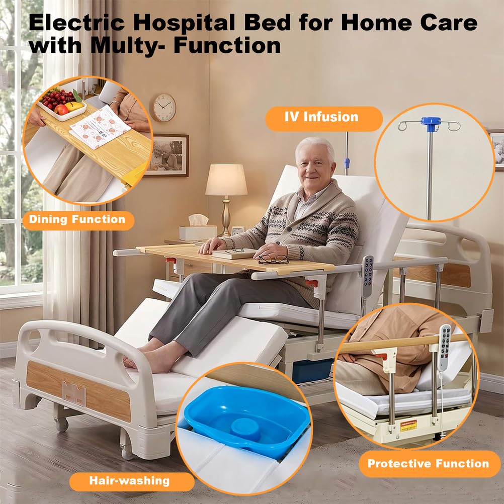 Lit médical électrique 3 Fonctions télécommande, Potence à Perfusion 250 kg