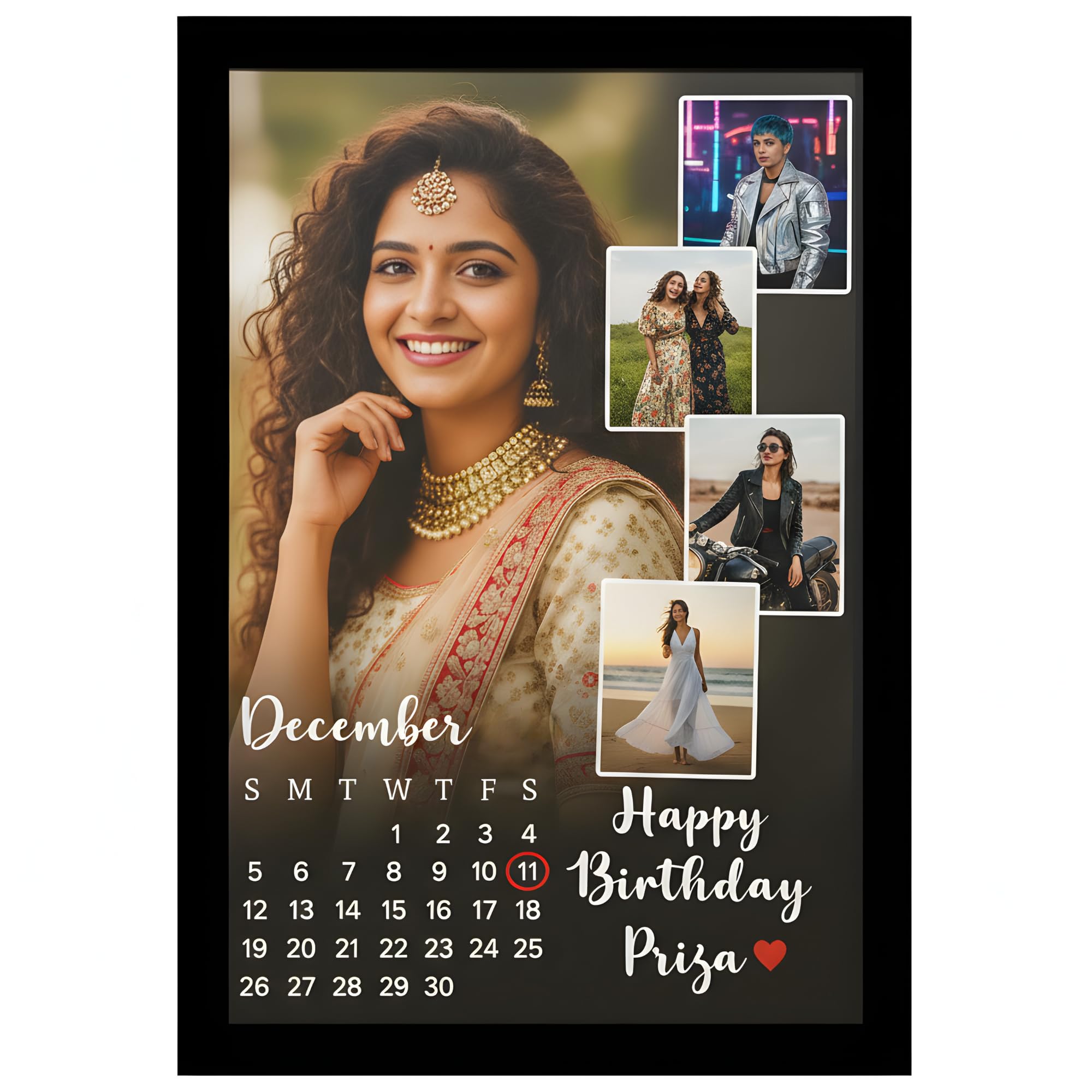 AARVI Customizable Birthday Photo Collage Frame, Black Background with Calendar, Customized/Personalized Happy Birthday With Names Customised Photo For Couple, Parents,Friend (A4)