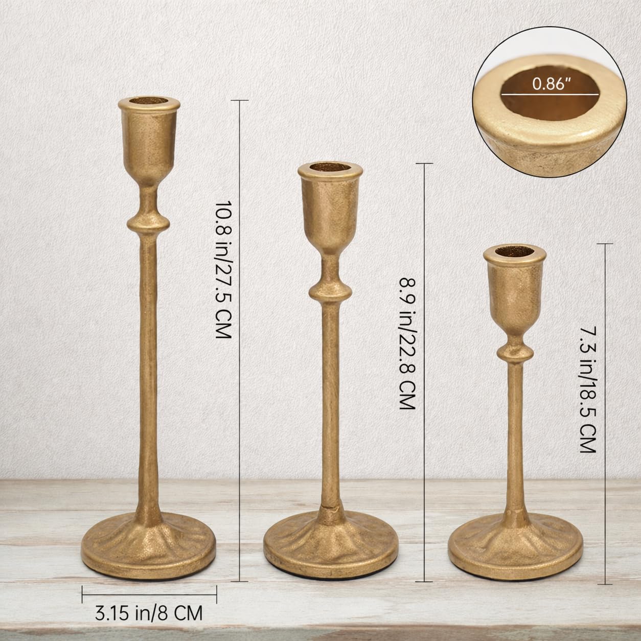 Portavelas, juego de 3 portavelas cónicos con base pesada resistente, soportes de metal dorado de latón mate para decoración de bodas, repisas y mesas, se adapta a velas de 3/4 y 7/8 pulgadas