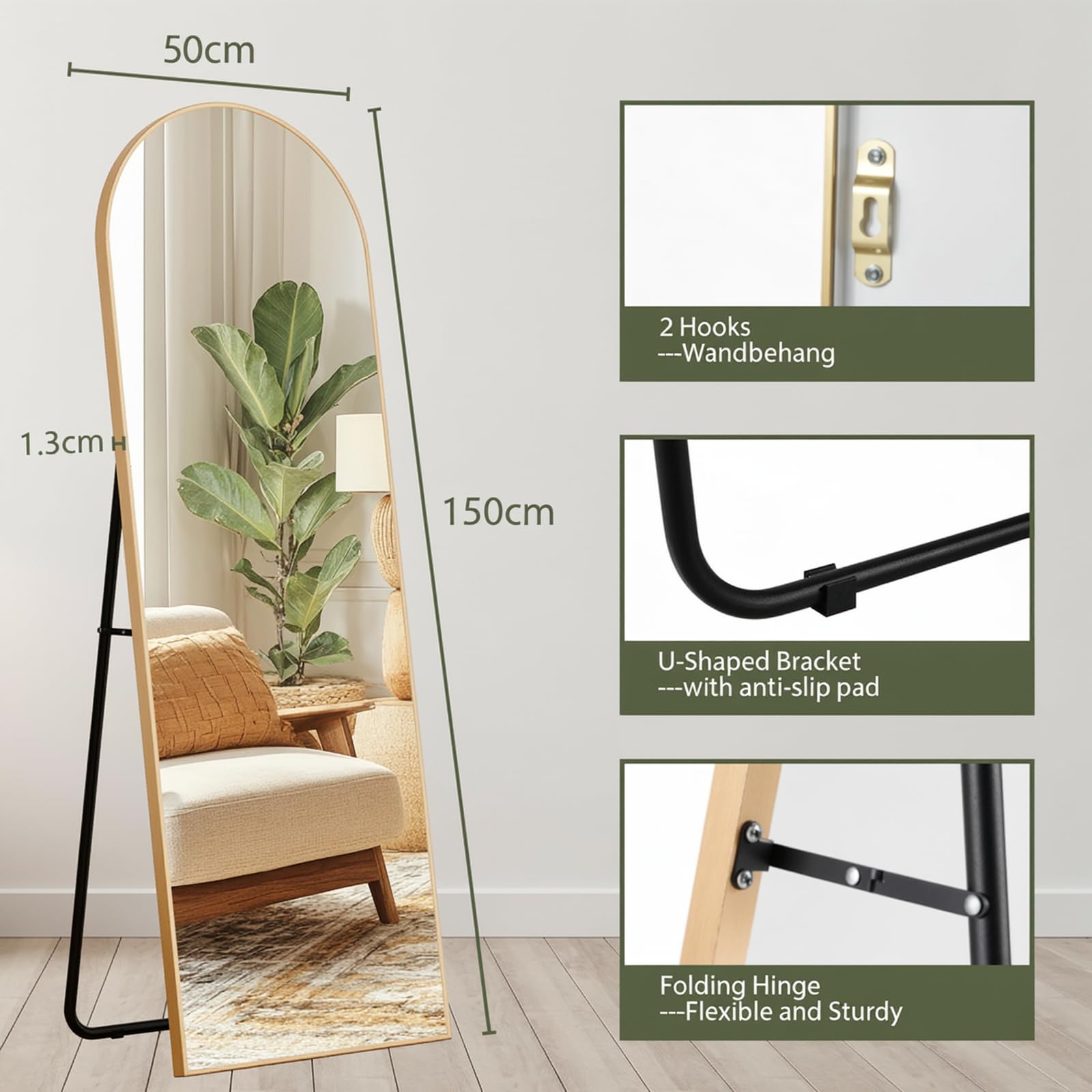 Clevich Specchio da Terra Curvo, 150 x 50 cm Specchio da Parete | con Cornice in Alluminio per Camera da Letto,Bagno,Ingresso e Corridoio, Oro
