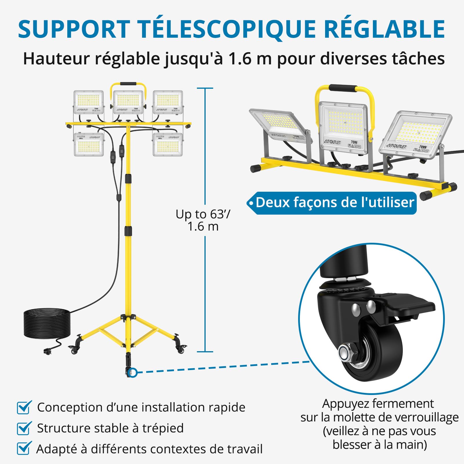 AUTOUTLET Projecteur de chantier LED avec trépied et roulettes, 5 x 70 W, 28 500 lm, éclairage de travail, lumière blanche froide 6 500 K, trépied réglable en hauteur, câble de 5 m, étanche IP66
