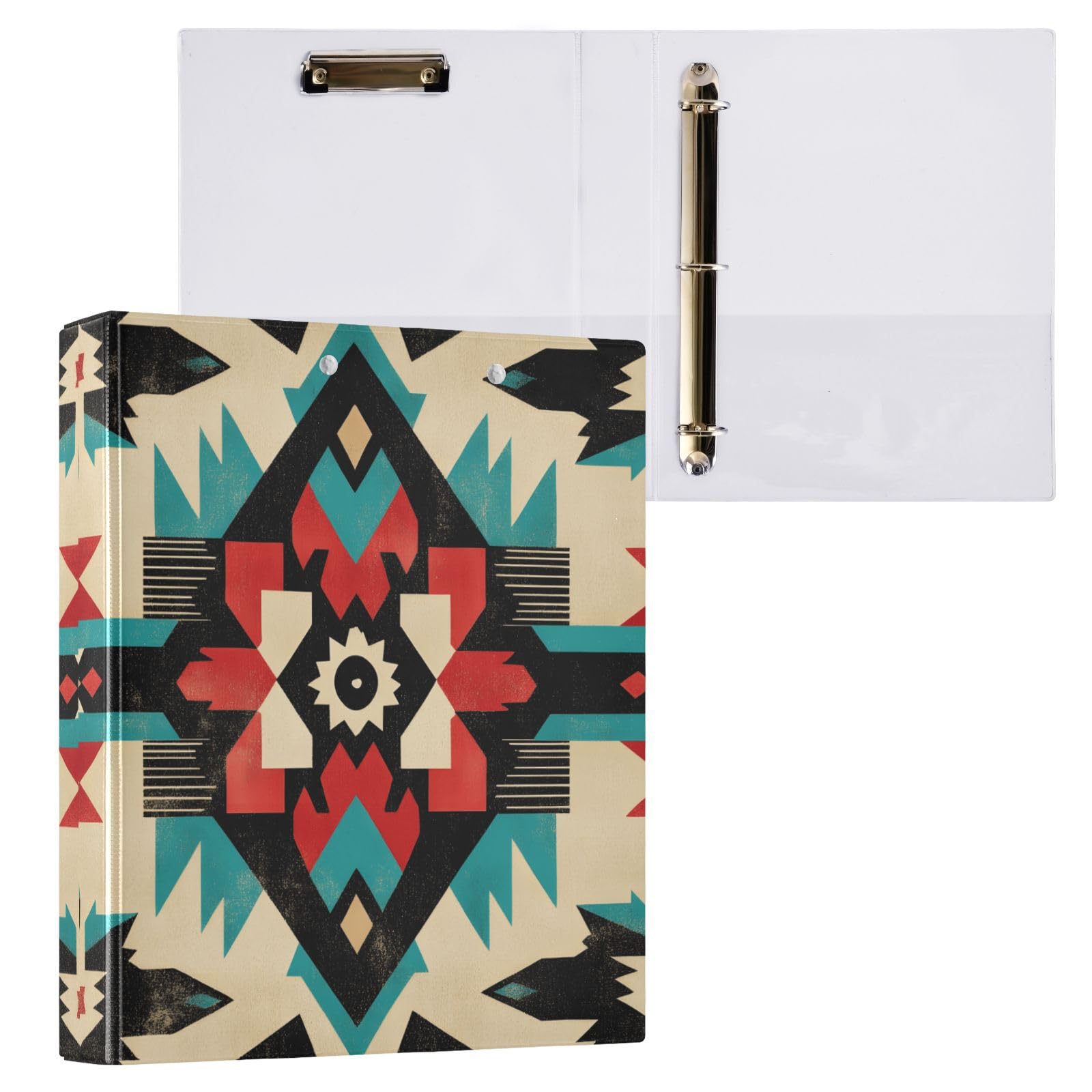 Confezione da 2 raccoglitori a 3 anelli, motivo colorato turchese azteco, 3,8 cm, con 3 tasche trasparenti, portablocco e contiene 200 fogli, per ufficio, scuola, organizzazione domestica