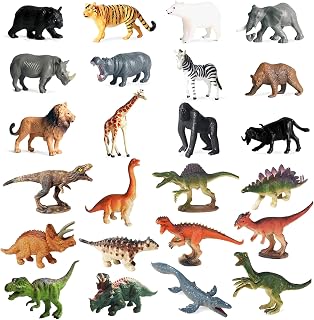 24 Pcs Small Realistic Animal Figurines, 12 Pcs Safari & 12 Pcs Dinosaur Animals Figures Toys Cake Topper Plastic Animals Playset for Kids Toddlers