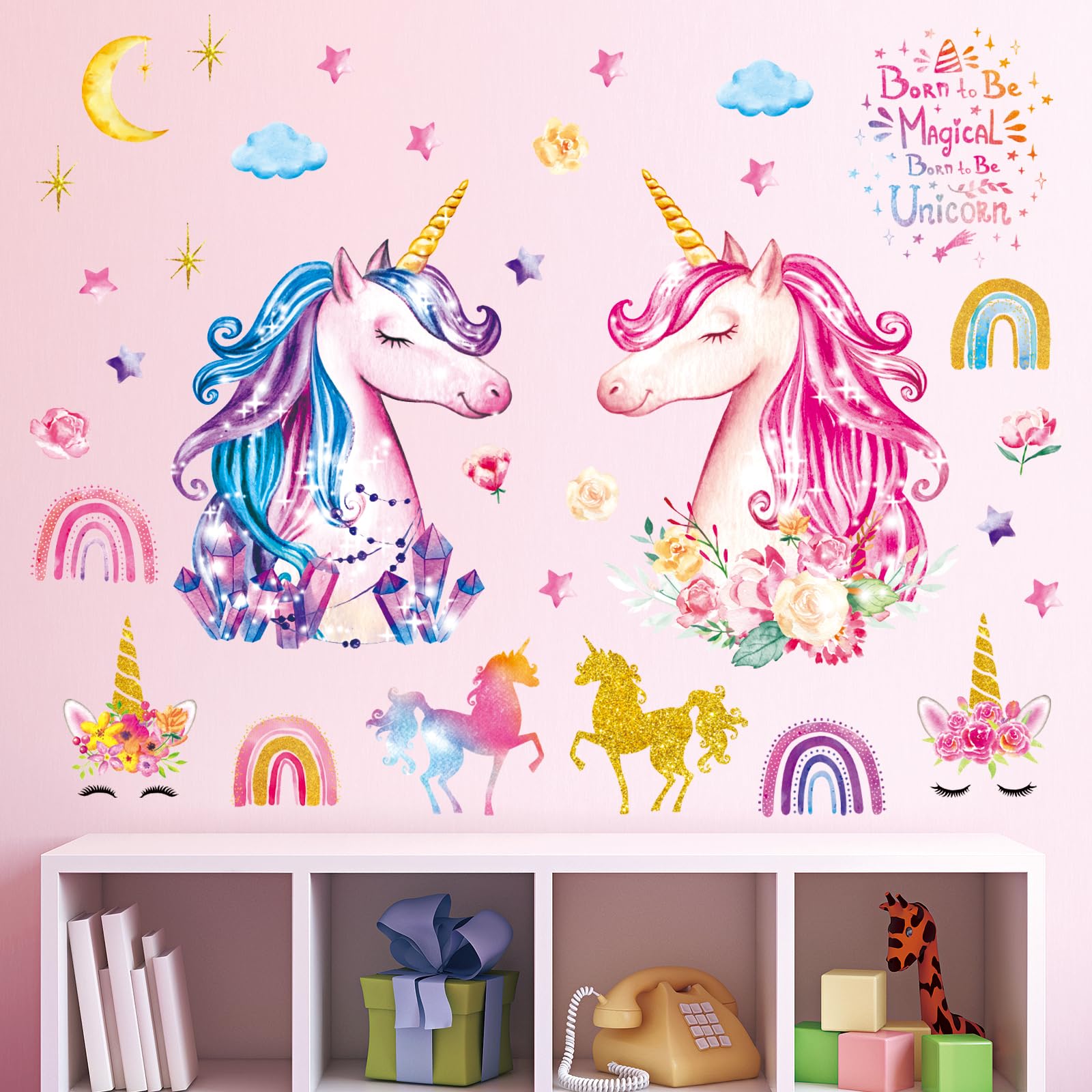 Decowall Unicorn Large Colourful Wall Stickers, Rainbow Stars And Clouds Peel And Stick Decals For Bedroom Decor (Ds8-8049)