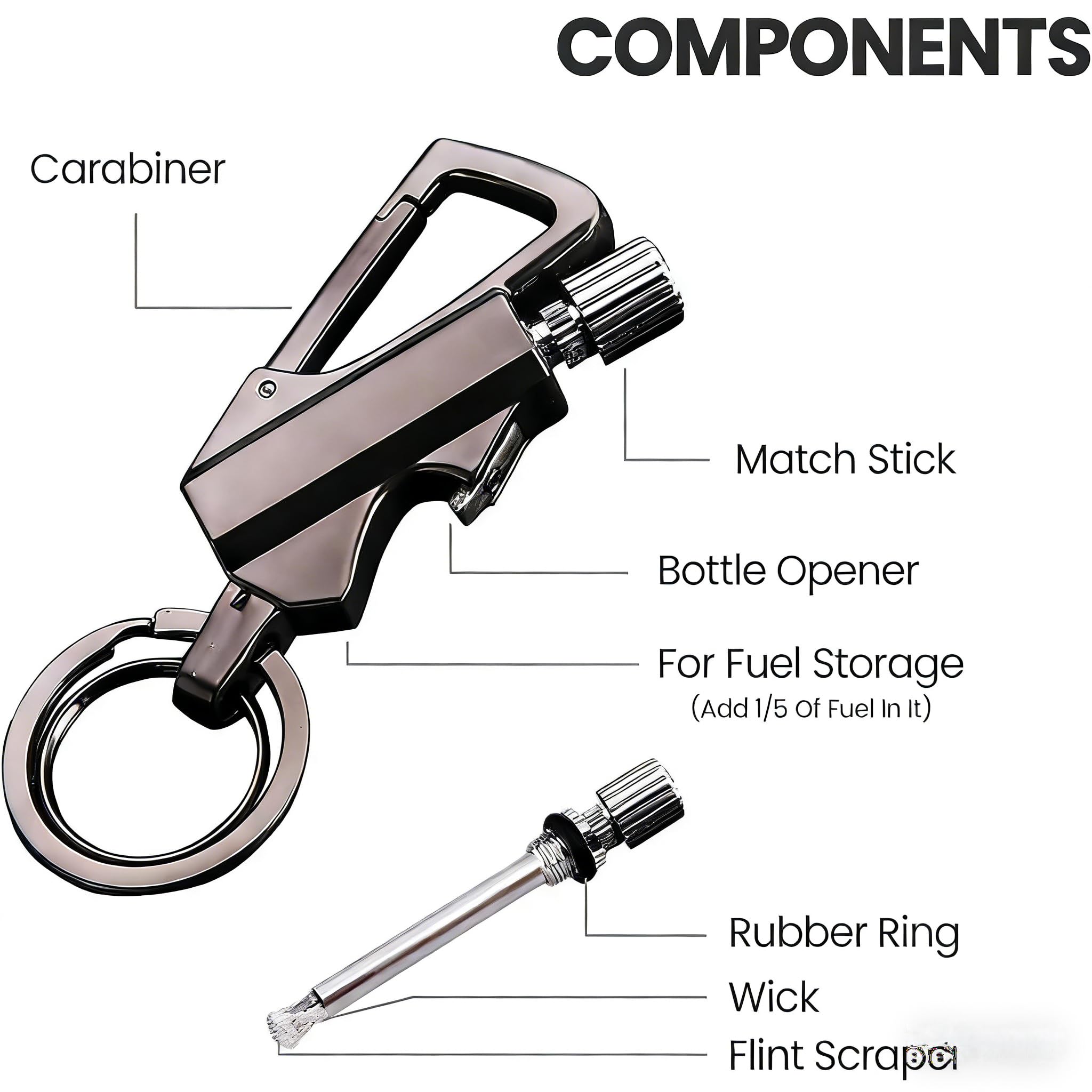 Briquet permanent avec porte-clés multifonction et décapsuleur, allumette d'urgence EDC étanche pour camping et utilisation en extérieur