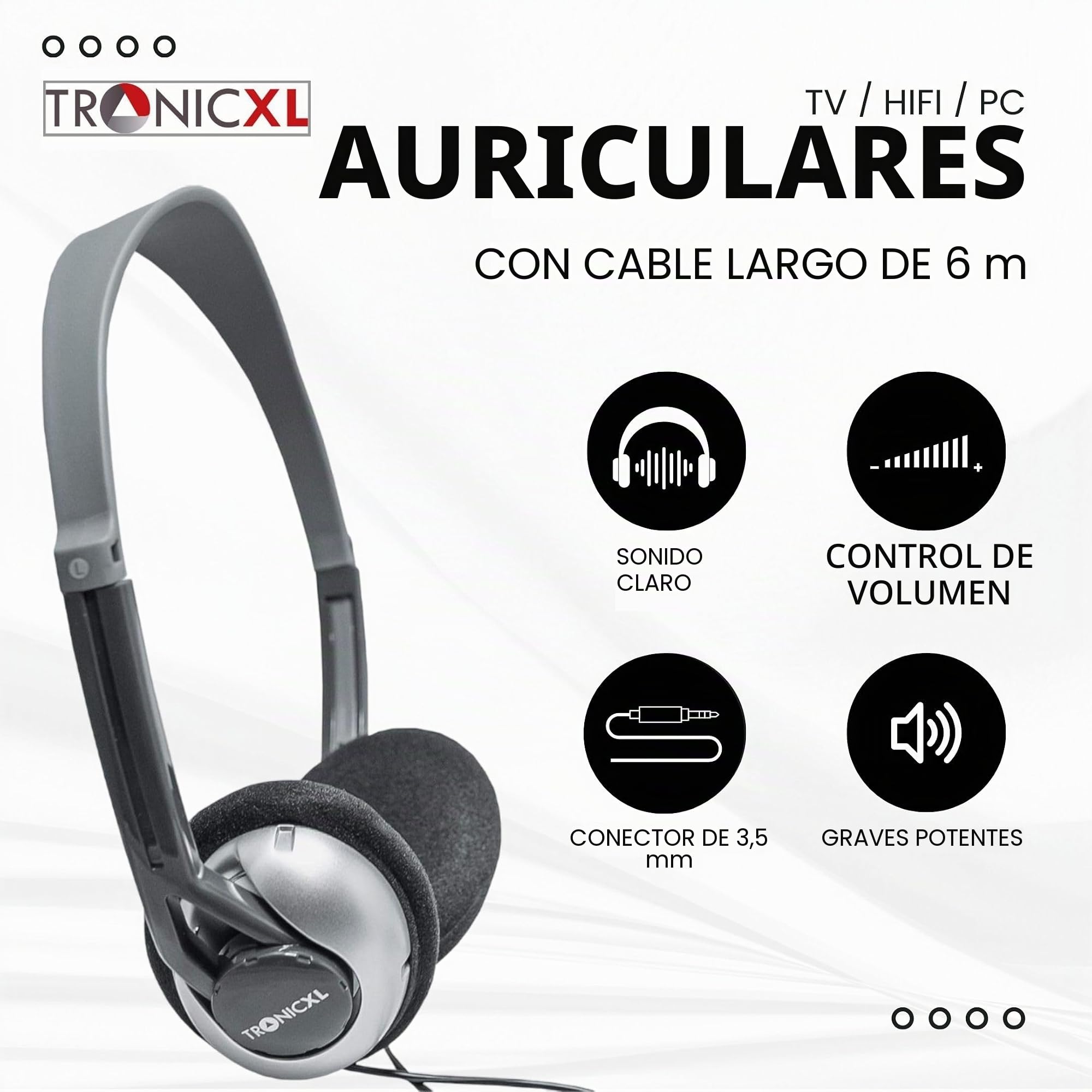 TronicXL Auriculares estéreo de Diadema con Conector Jack para televisión con Cable de 6m Largo compatibles con televisores Samsung LG Sony Toshiba DYON JVC Philips iPad y iMac de Apple Ordenadores
