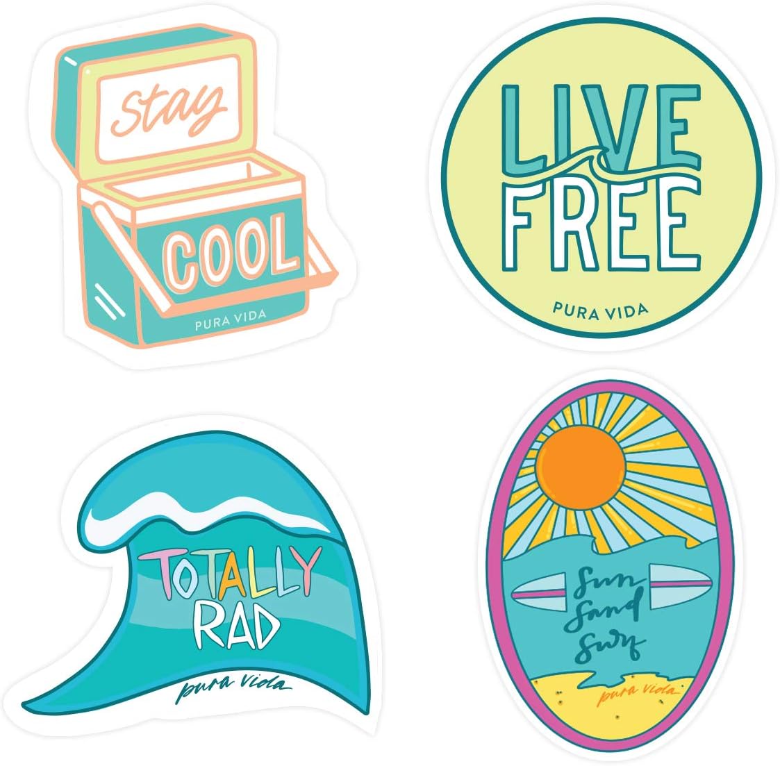 Pura Vida Surfer Girl Sticker Pack - Exclusive Colorful Design, Adhesive Accessories - 4 Pieces