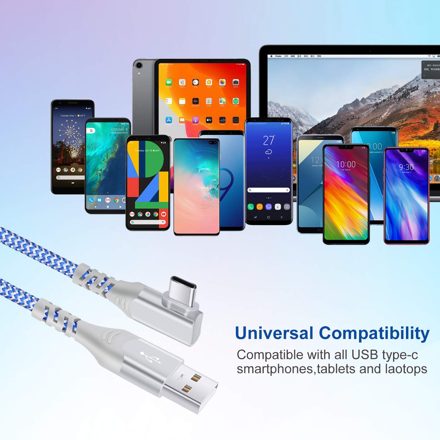 Cavo USB C a USB C da 3 m, tipo C a tipo C, Pofesun 3 Pack USB C Cavo di Ricarica Rapida ad Angolo Retto Compatibile per Samsung Galaxy S20 S10 S9 S8 Plus Note 9 8, LG G8 G7 V40 V20, Verde, Viola