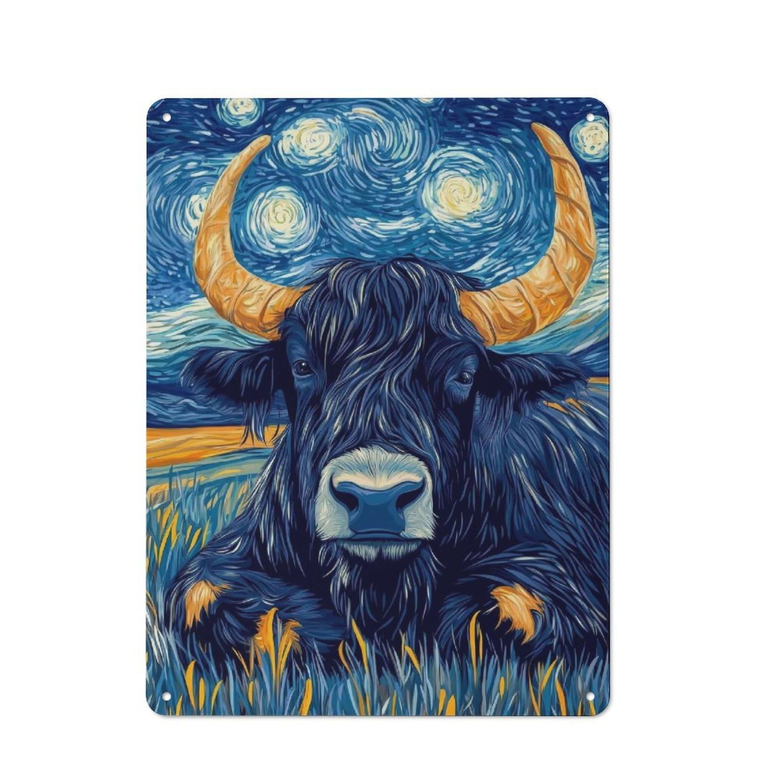 Junmoney Style-13 Rustic Tin Sign 40X30cm Featuring Starry Night Bull For Garage Or Workshop, For Garage, Workshop And Man Cave Decoration