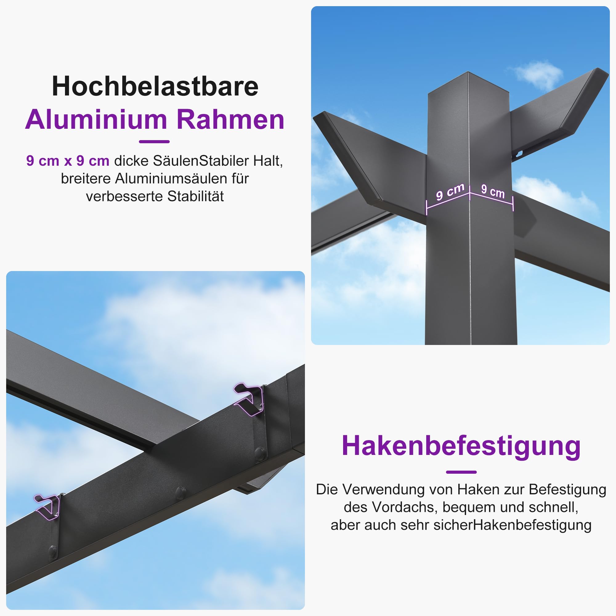 PURPLE LEAF Garten Pergola 3 x 4 m, Pavillon Aluminium Wasserdicht Sonnendach mit Schiebedach, Terrasse Pergola mit Markisenschutz, UV Beschattung, Grau