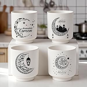 طقم اكواب سيراميك يدوية الصنع بتصميم رمضان كريم سعة 220 مل بطبعة نجوم وهلال، مثالية للافطار والسحور والتجمعات المنزلية، 