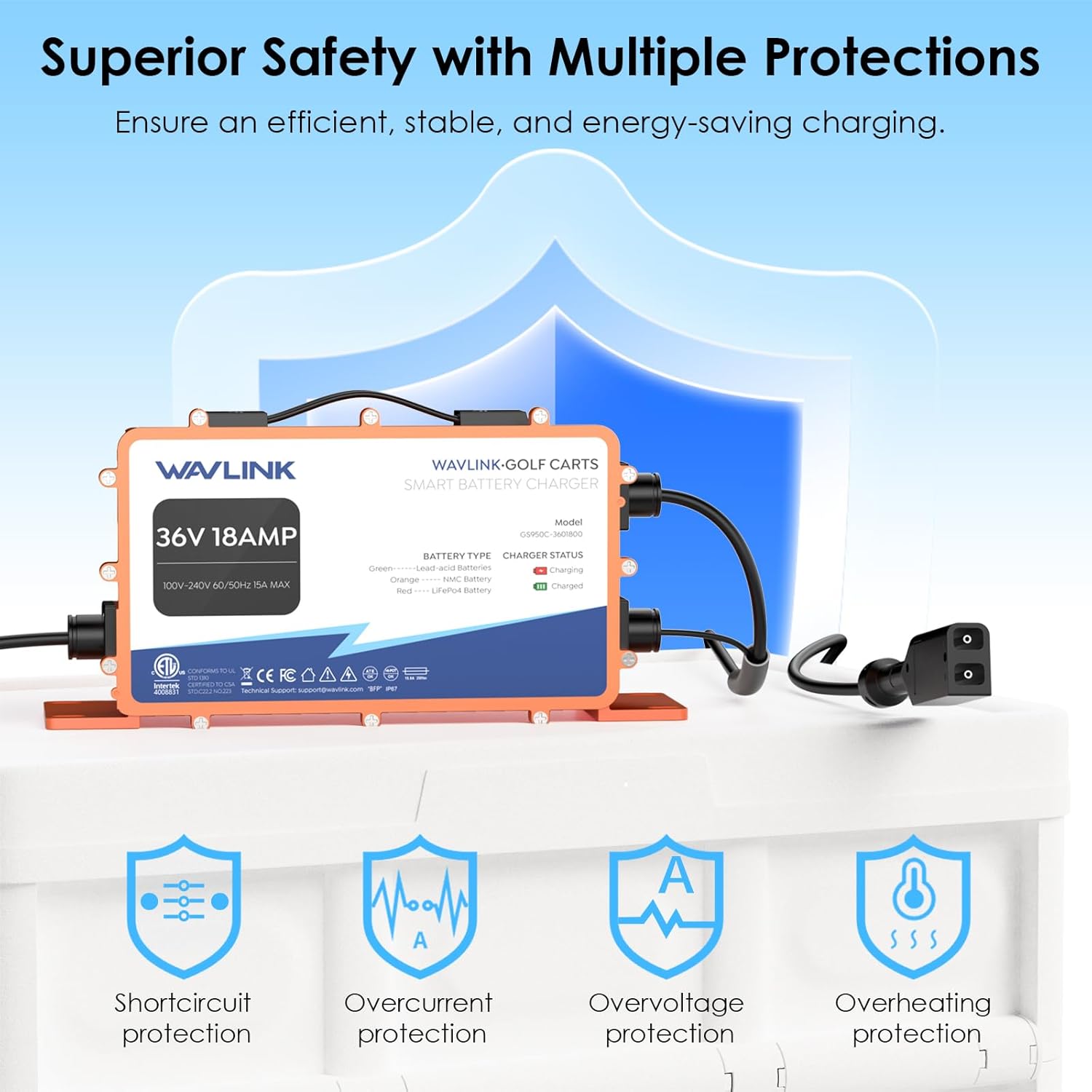 WAVLINK 36V 18 AMP Golf Cart Battery Charger, IP67 Waterproof, LiFePO4/NMC/Lead-Acid Compatible (D Plug for TXT/EZGO)