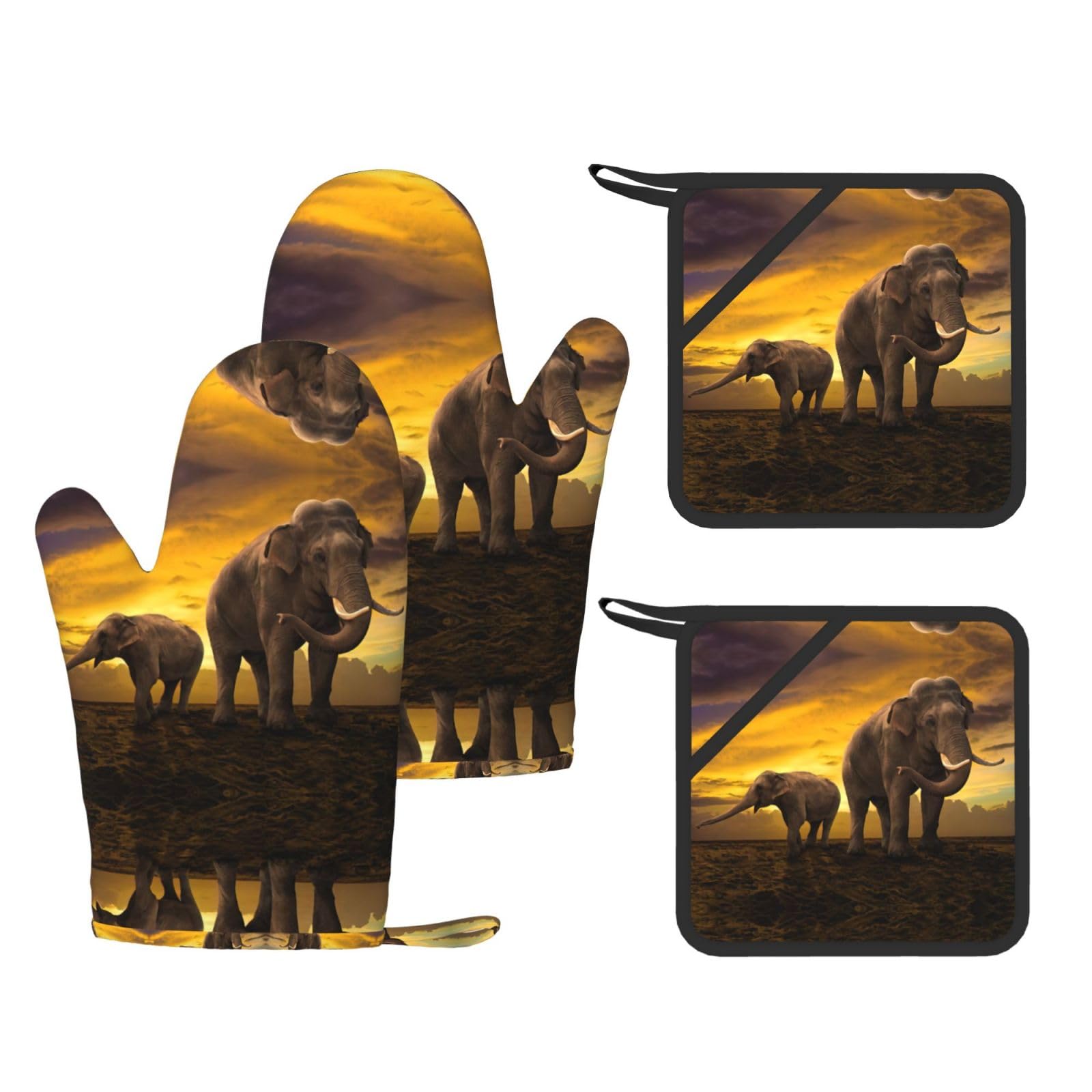 Sunset Parent-Child Elephant Trendy Printed Kitchen Set with Heat Resistant Gloves & Non-Slip Hot Pads for Baking & Grilling