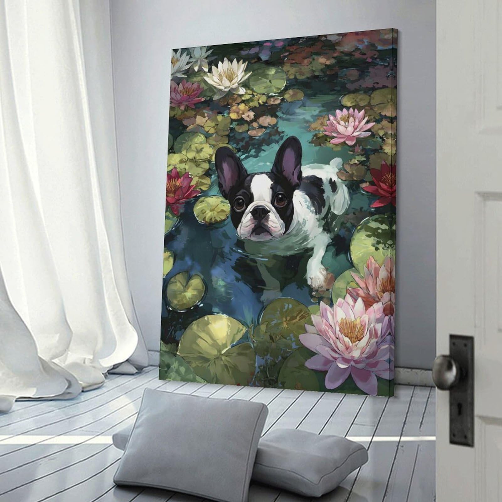 Junmoney Dog in Lily Pond Painting Wall Picture Print 12x18inch(30x45cm), for Home Walls, Creative Rooms Or Shared Spaces, Stylish Home Artwork for Focal Walls