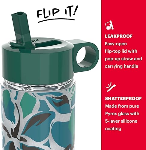 Miniatura 3 de Pyrex Botella de agua de vidrio que cambia de color de 24 onzas con tapa abatible, a prueba de fugas y texturizada, reutilizable, ecológica,